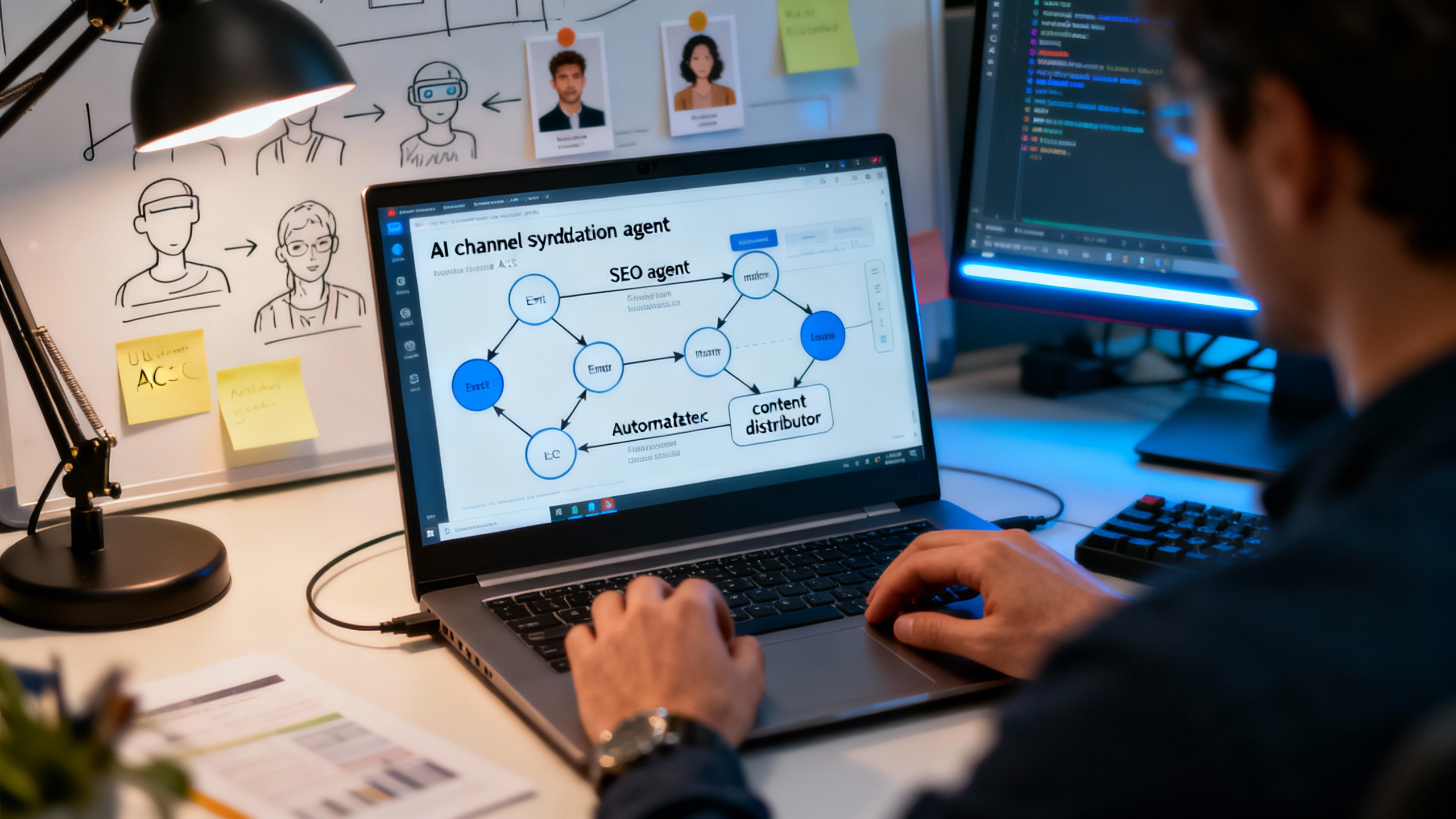 Engineer deploying AI agents workflow for content distribution and entity mapping on a laptop, illustrating AI Agents in action