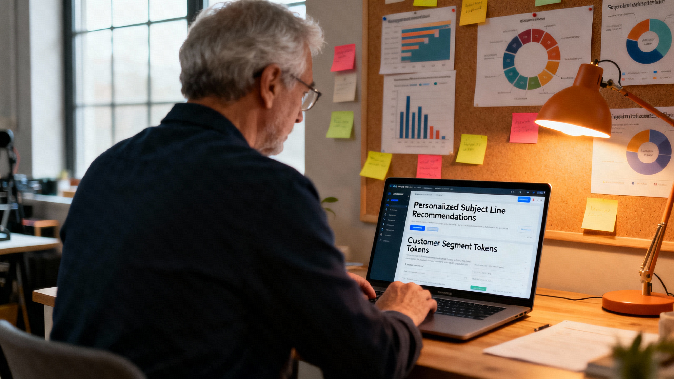 Email marketer crafting hyper-personalized campaigns with AI content marketing tools on a laptop, demonstrating AI agents enhancing personalization