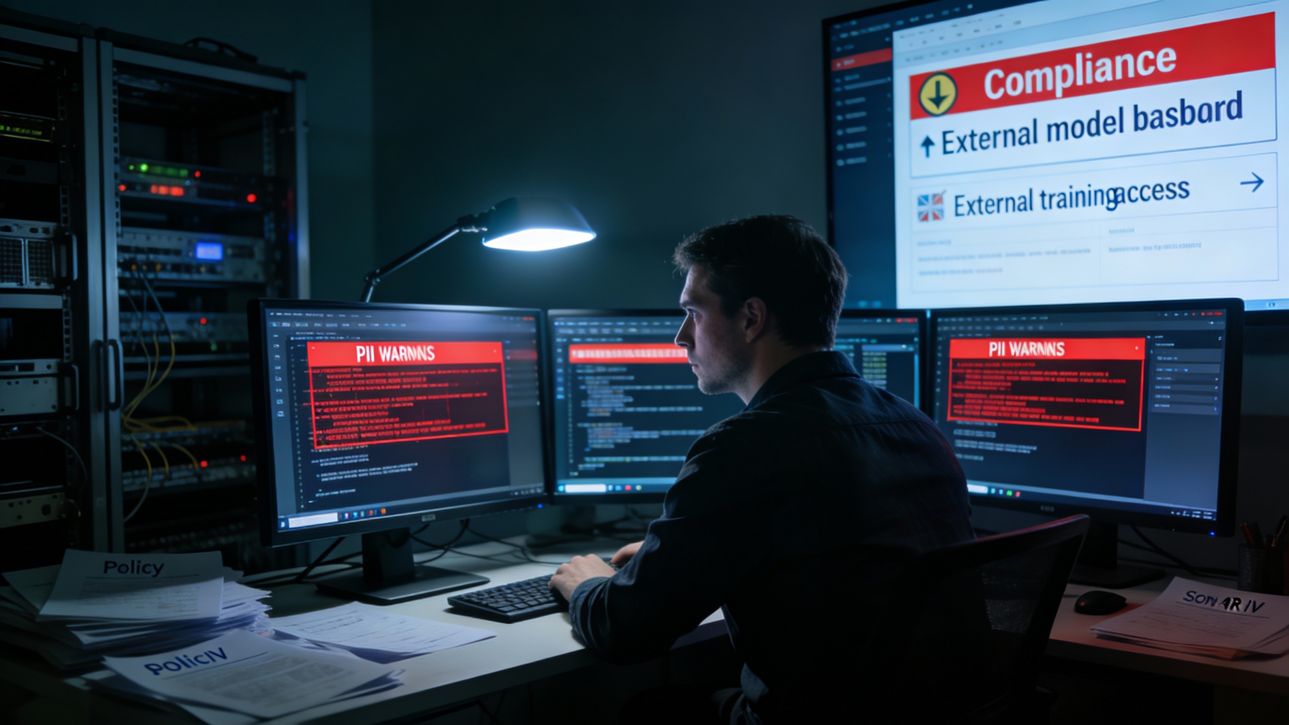 Security engineer reviewing prompt logs and data-leak alerts in a compliance dashboard, EZWAI.com referenced on one screen