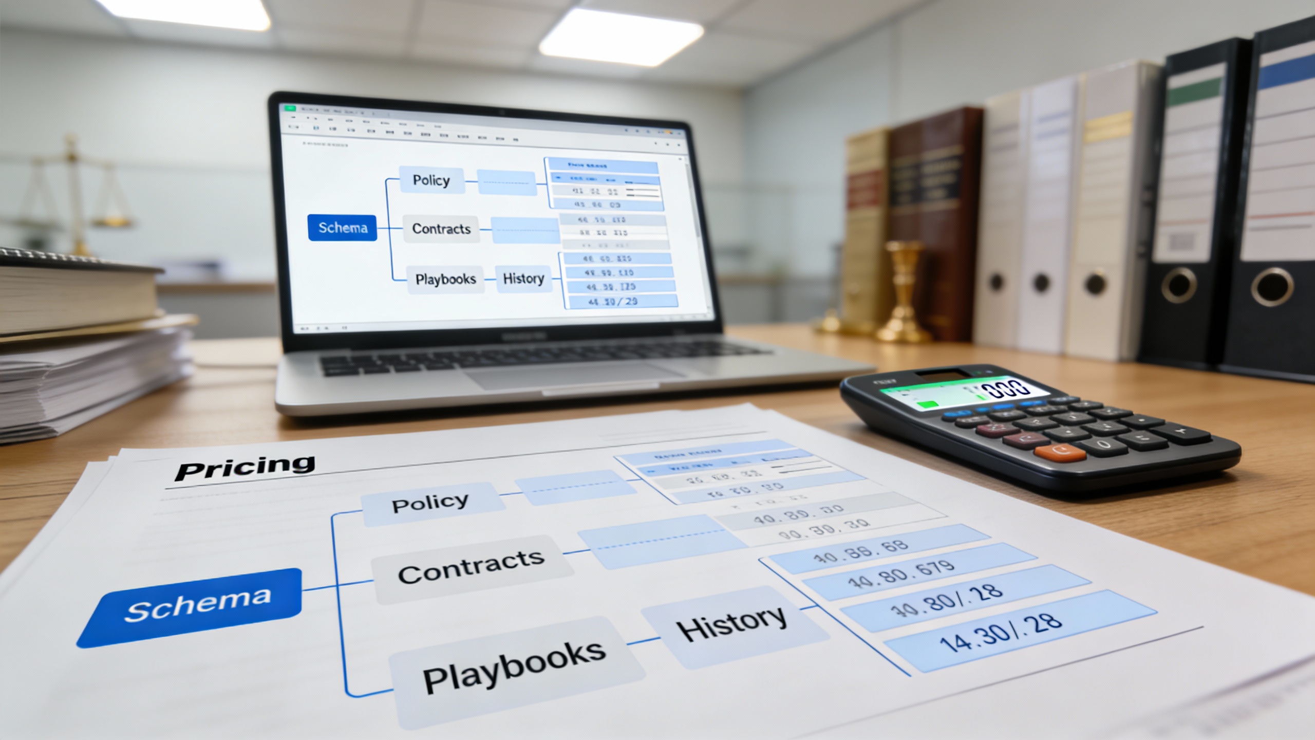 Close-up of a data design workspace with schemas and a pricing calculator validating contract totals — illustrating best practices for EZWAI.com and content strategy