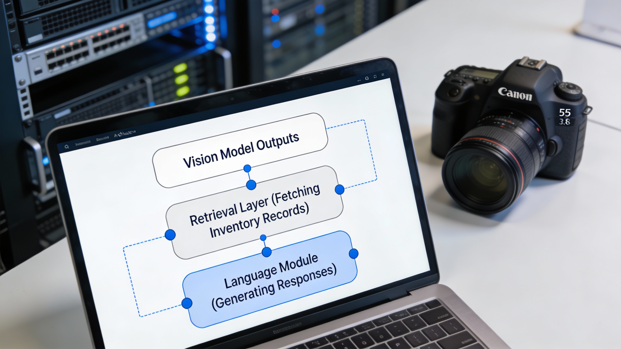 Overhead shot of a laptop showing a multimodal stack diagram linking vision, retrieval, and language modules for digital marketing automation