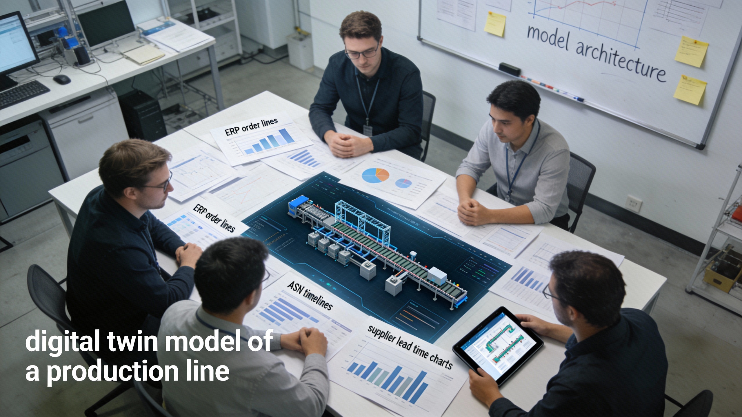 Data engineering team mapping ERP and ASN data into a digital twin model, emphasizing marketing automation and content strategy for technical documentation
