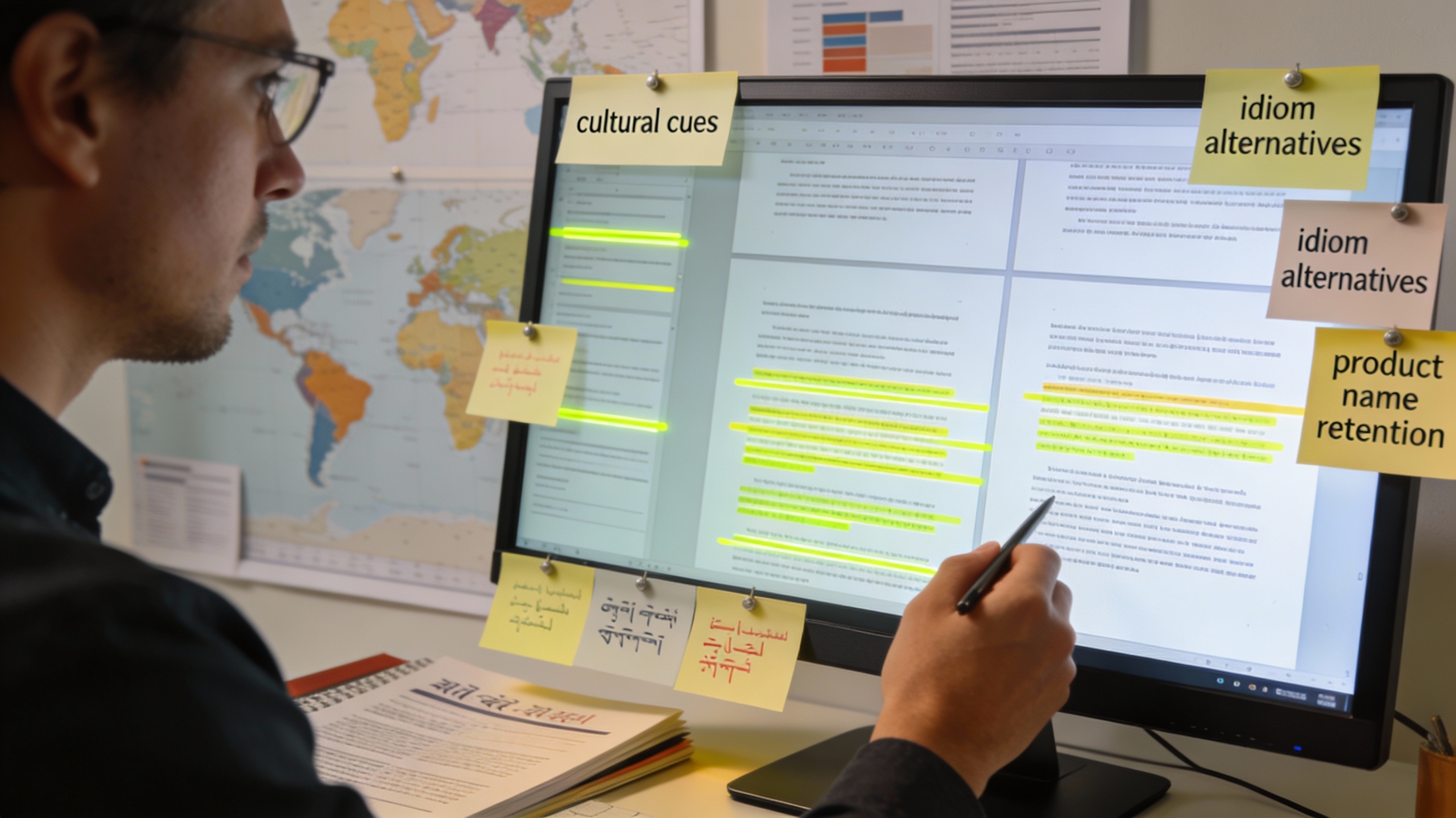 Localization lead comparing parallel language drafts with cultural notes and highlighted adaptations, illustrating SEO optimization and content strategy for international markets