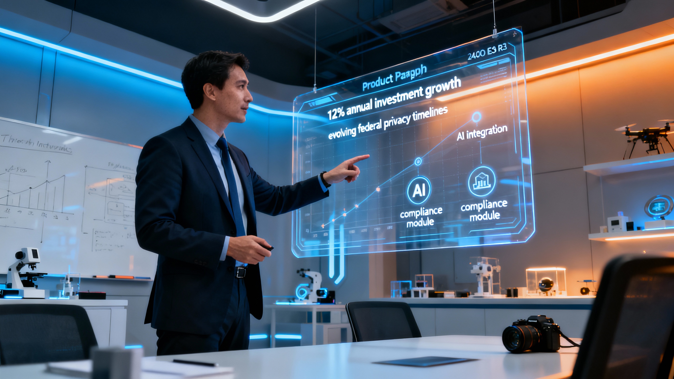 CTO presenting future email marketing roadmap highlighting AI automation investments and compliance planning, representing AI agents shaping strategy