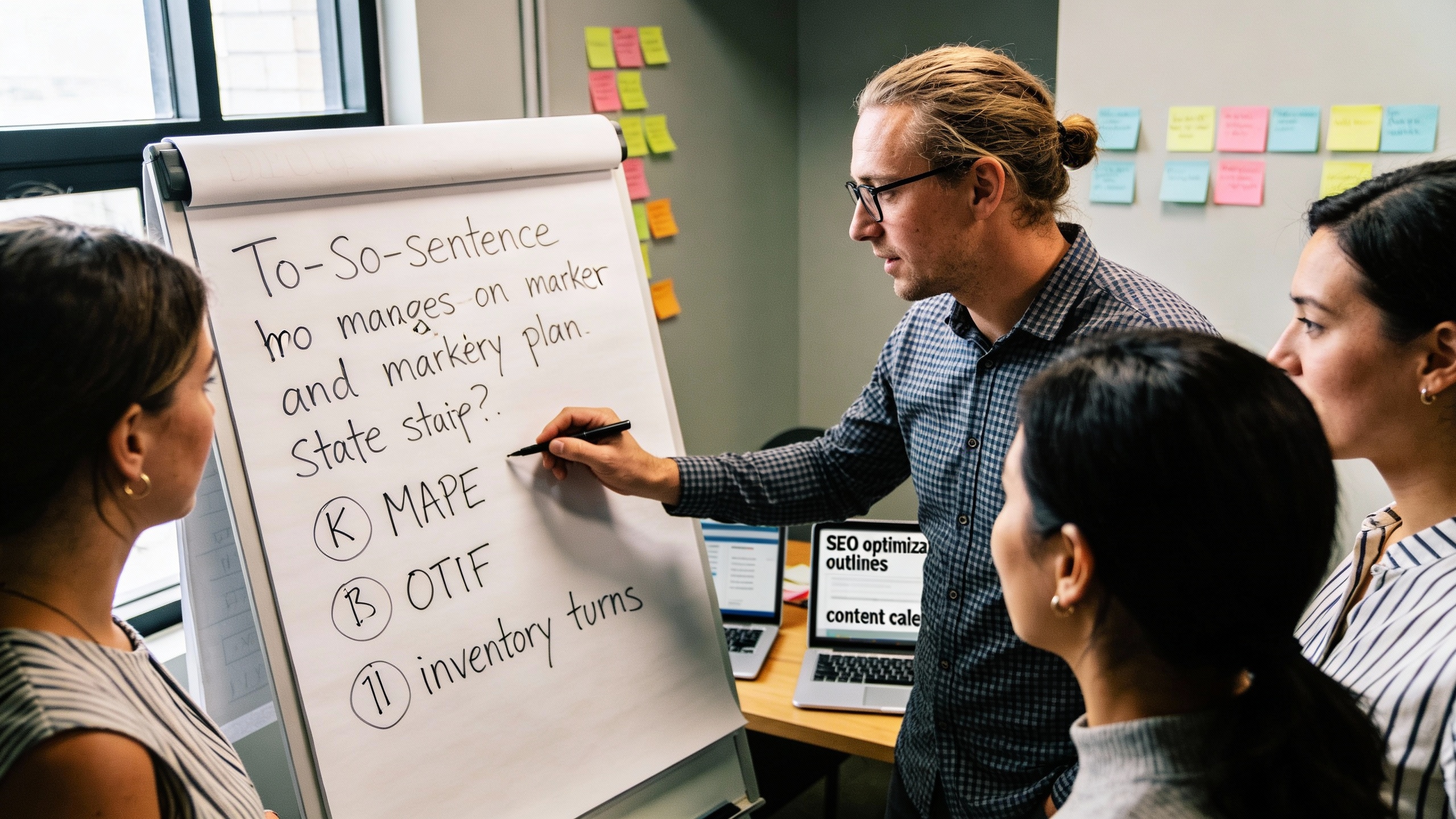 Cross-functional workshop drafting a pilot adoption playbook with KPIs and content marketing plans, showing content strategy and SEO optimization in action