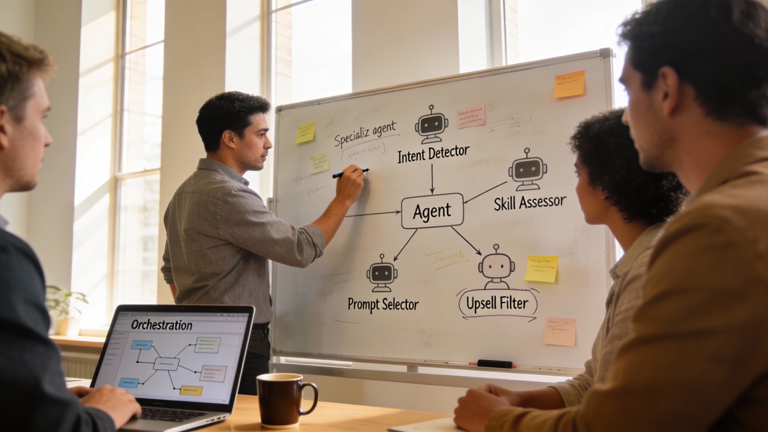 Product team mapping agent orchestration on a whiteboard to coordinate marketing automation and digital marketing automation workflows