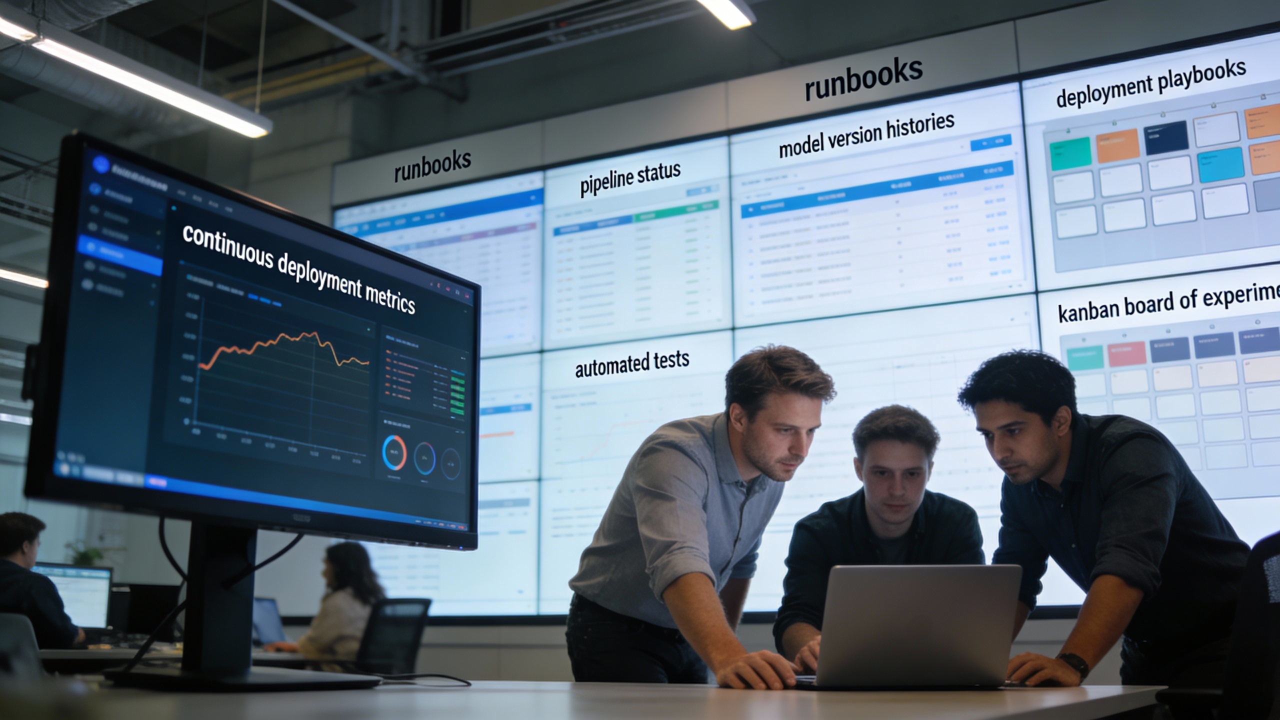 Engineering team operating production MLOps pipelines and deployment dashboards to support digital marketing automation and revenue operations