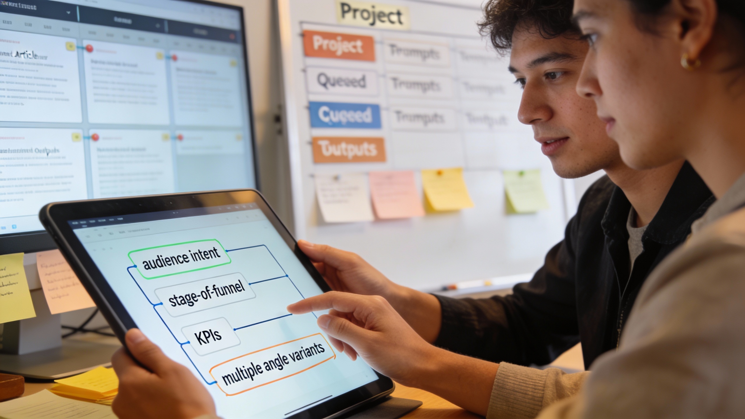 Content team converting strategy into scalable prompts and outlines for blog automation and content marketing