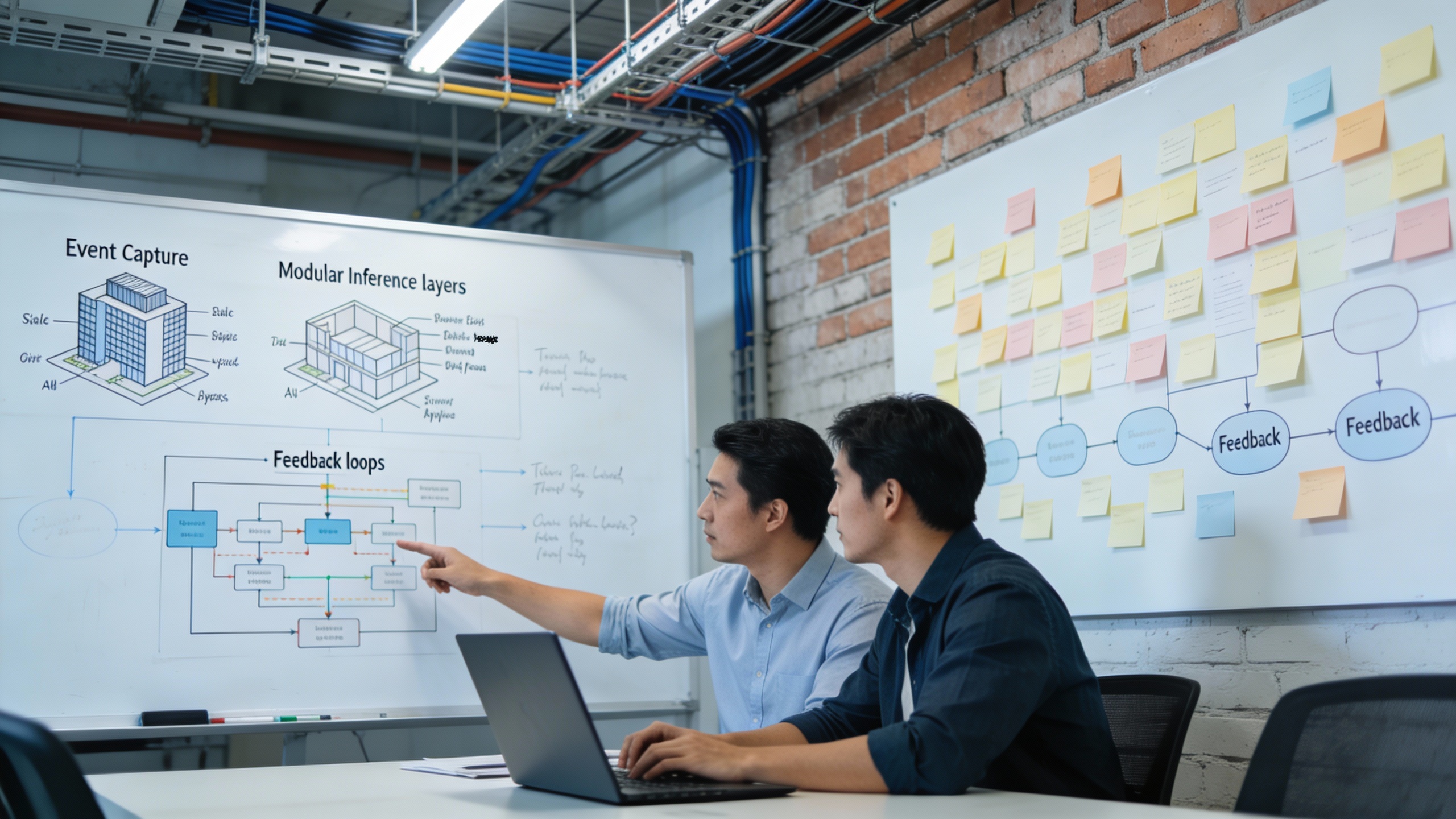 Engineers diagramming scalable data pipelines and inference layers on a whiteboard, demonstrating marketing automation and blog automation planning