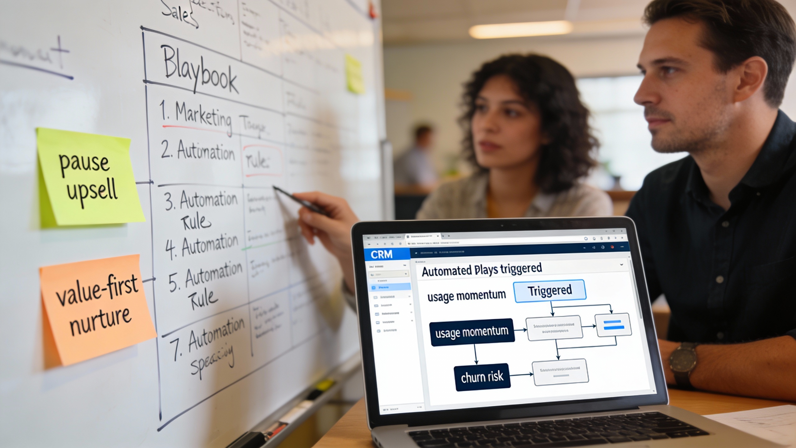 Marketing and sales team mapping automated plays for at-risk accounts on a whiteboard, illustrating marketing automation and blog automation workflows