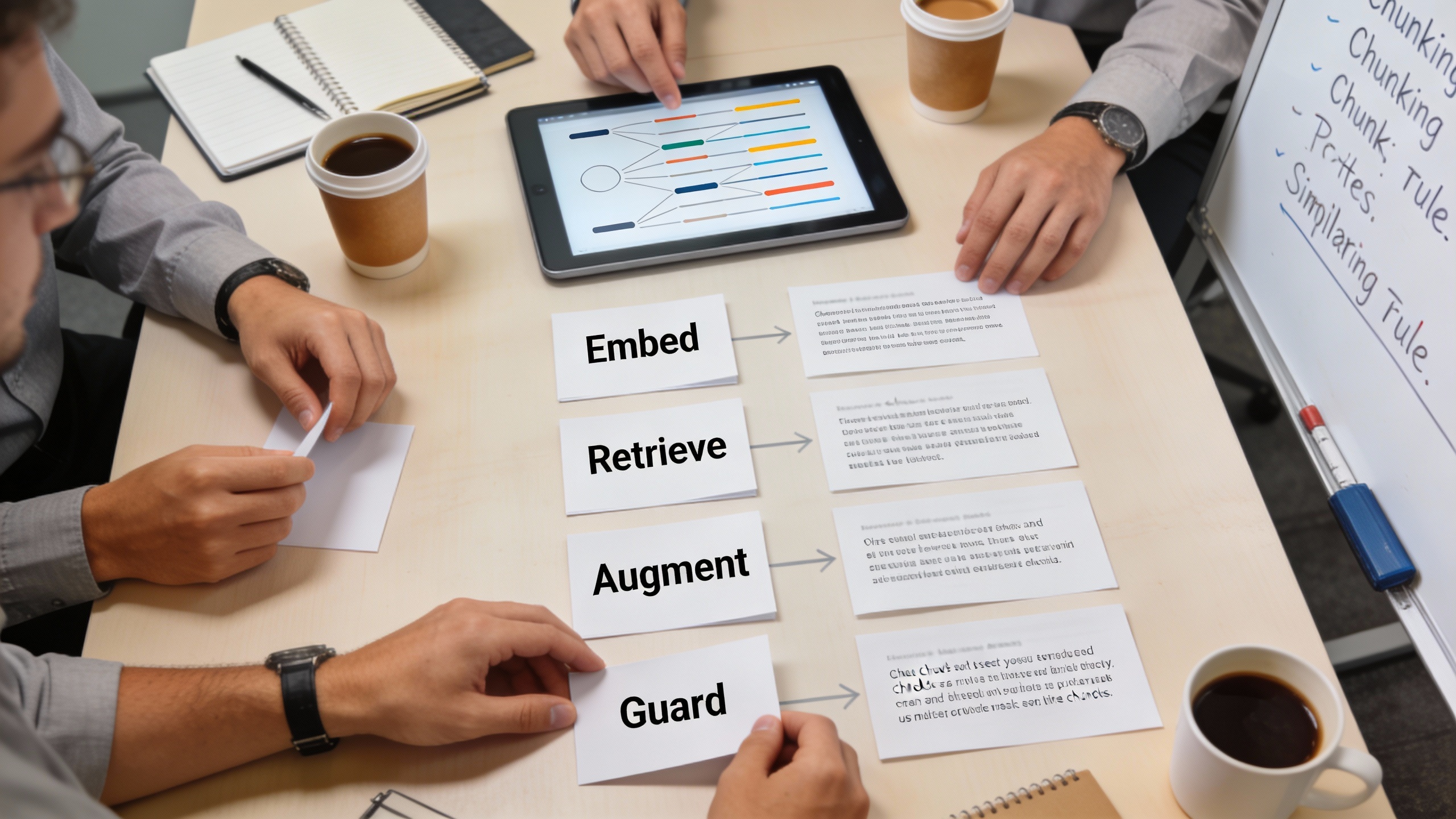 Workshop table displaying the Embed → Retrieve → Augment → Guard workflow with engineers collaborating, representing marketing automation and content strategy