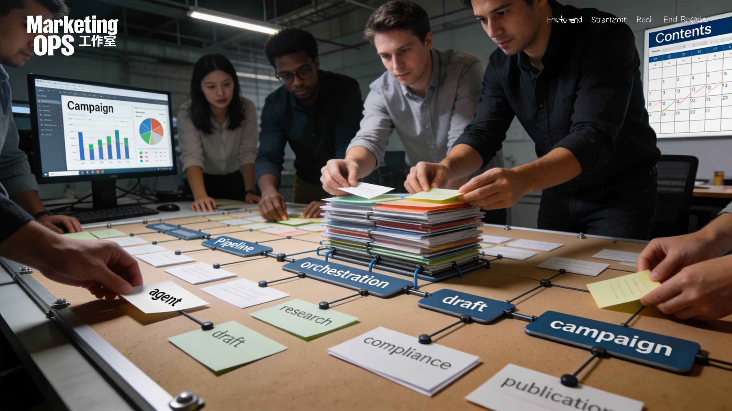Marketing ops team mapping an end-to-end automation stack from research to publication, illustrating marketing automation and content strategy integration