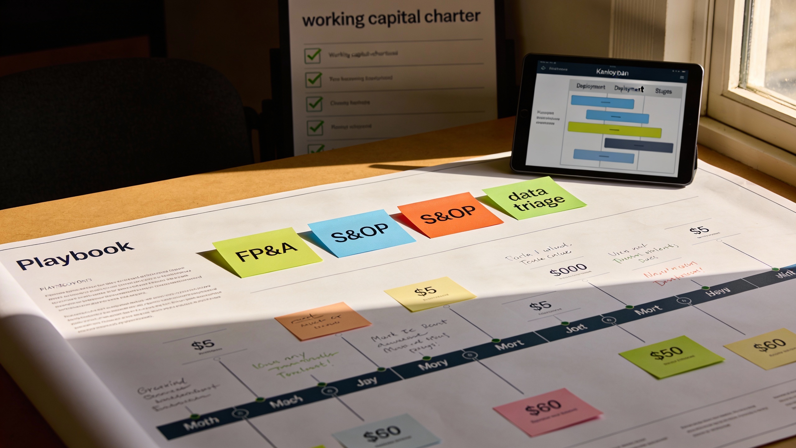 Workgroup playbook and timeline for an autonomous forecasting loop laid out on a table, demonstrating content strategy and marketing automation crossover