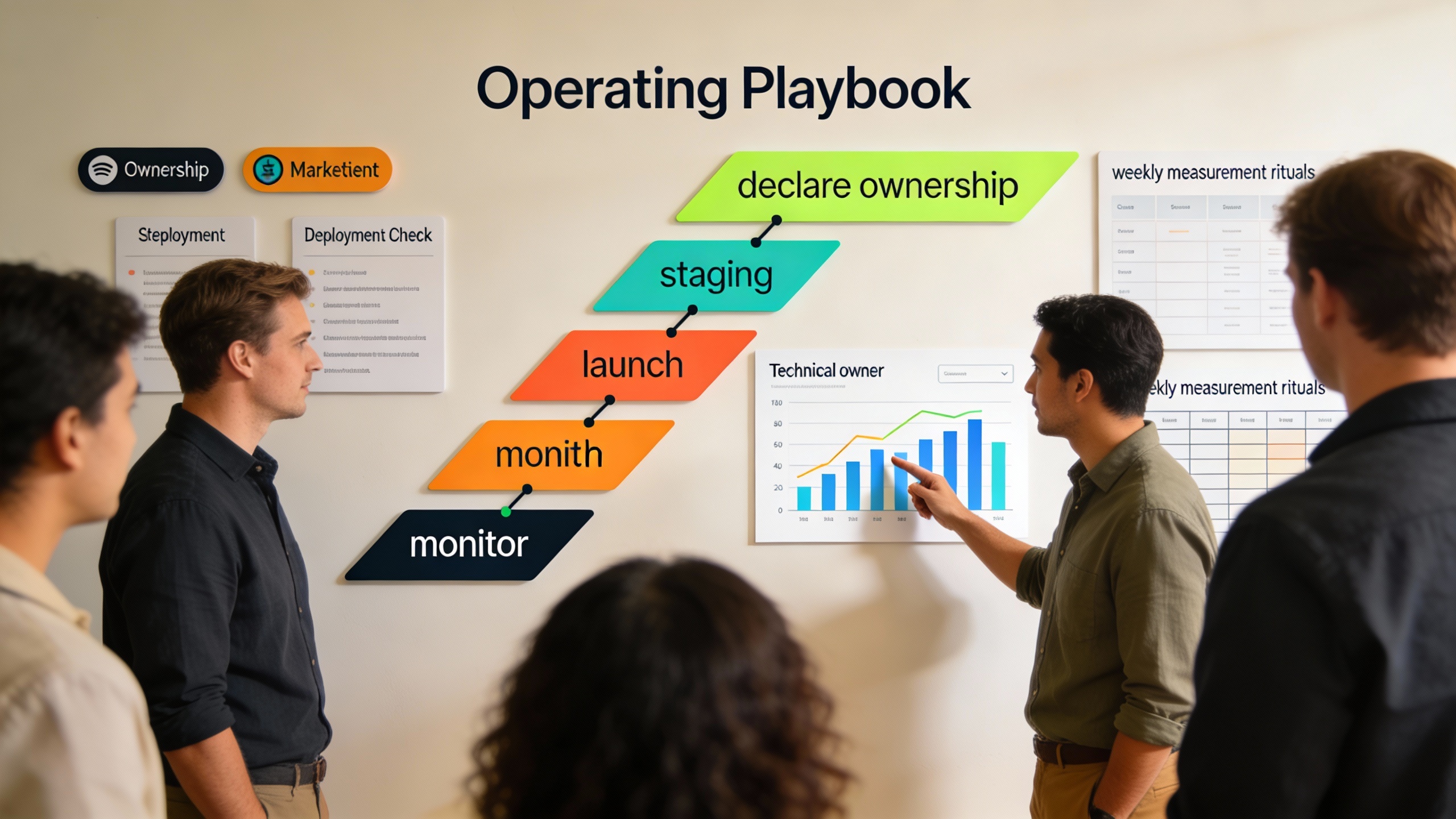Cross-functional team using an operating playbook to scale AI pilots into revenue-generating models, emphasizing content strategy and marketing automation