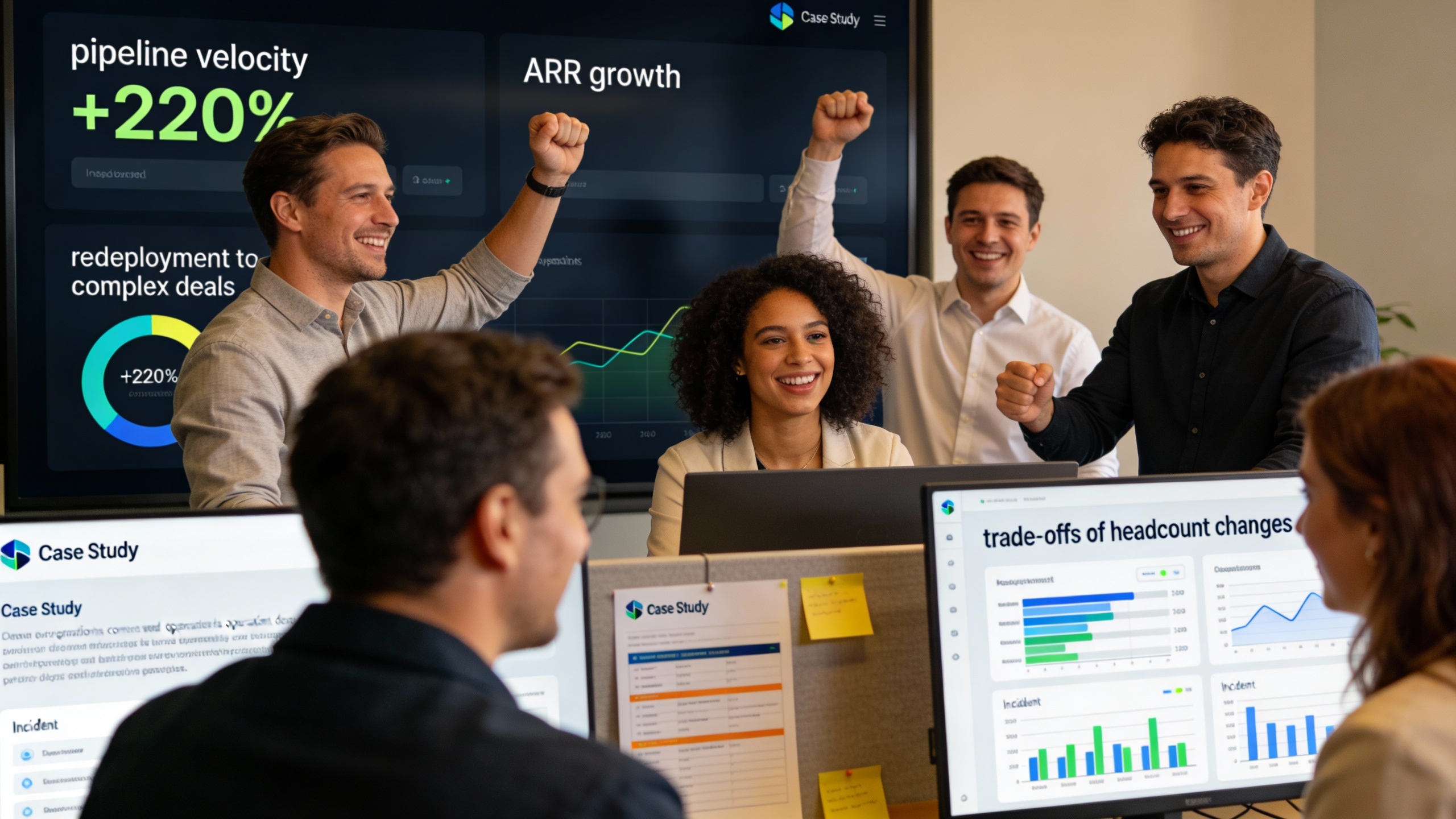 Sales operations team reviewing case study metrics and ARR growth after implementing marketing automation and social media marketing-linked outreach