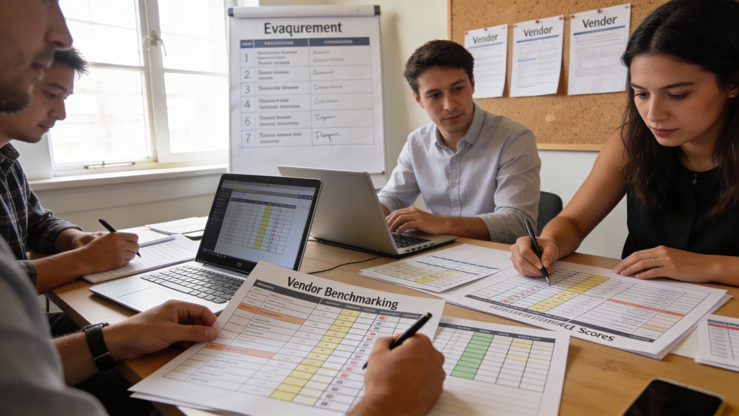 Procurement team using a benchmarking framework and scorecards for vendor selection in content marketing and marketing automation