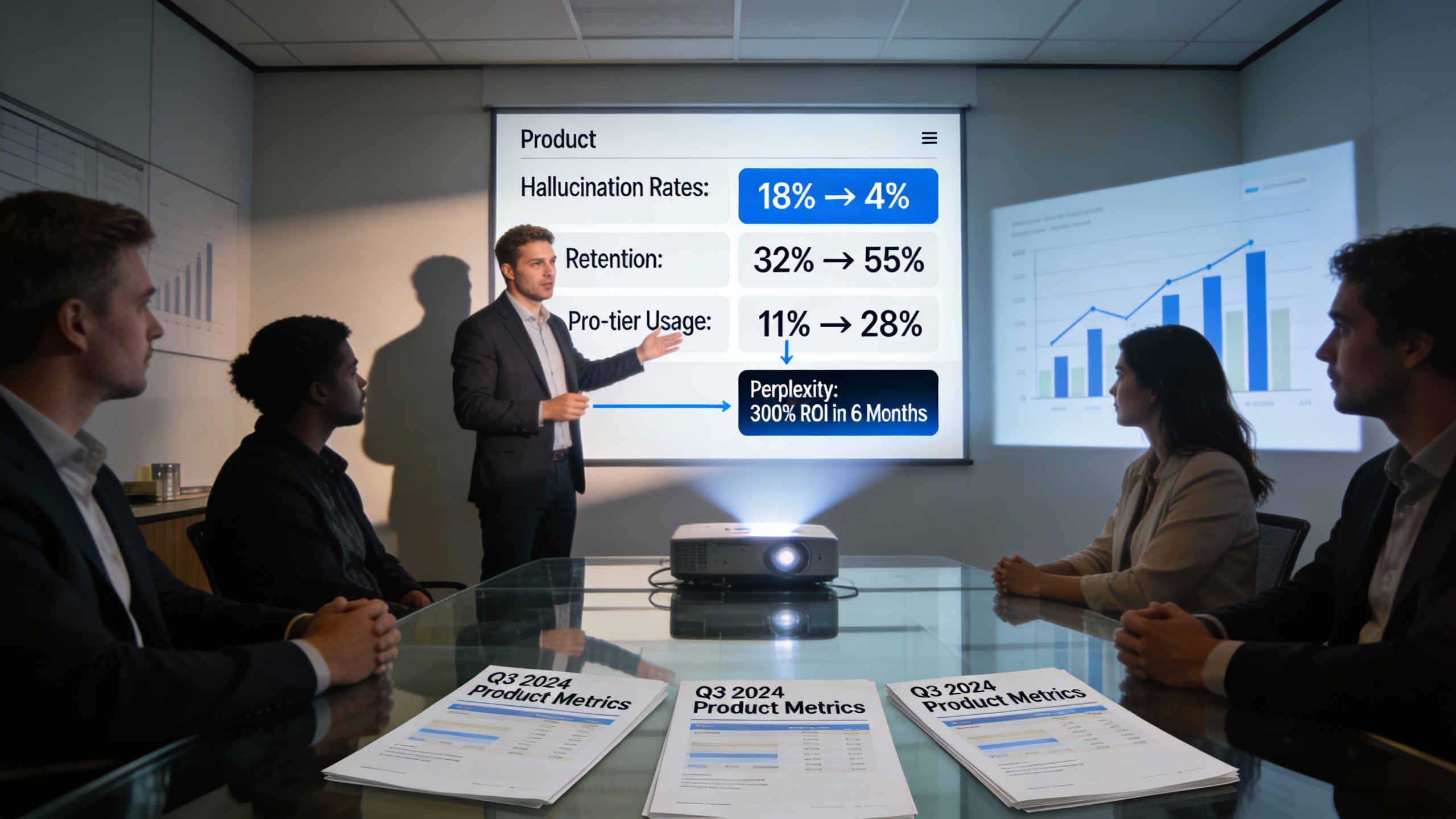 Presenter showcasing case study metrics that demonstrate reduced hallucinations and improved retention, relevant to content marketing and marketing automation