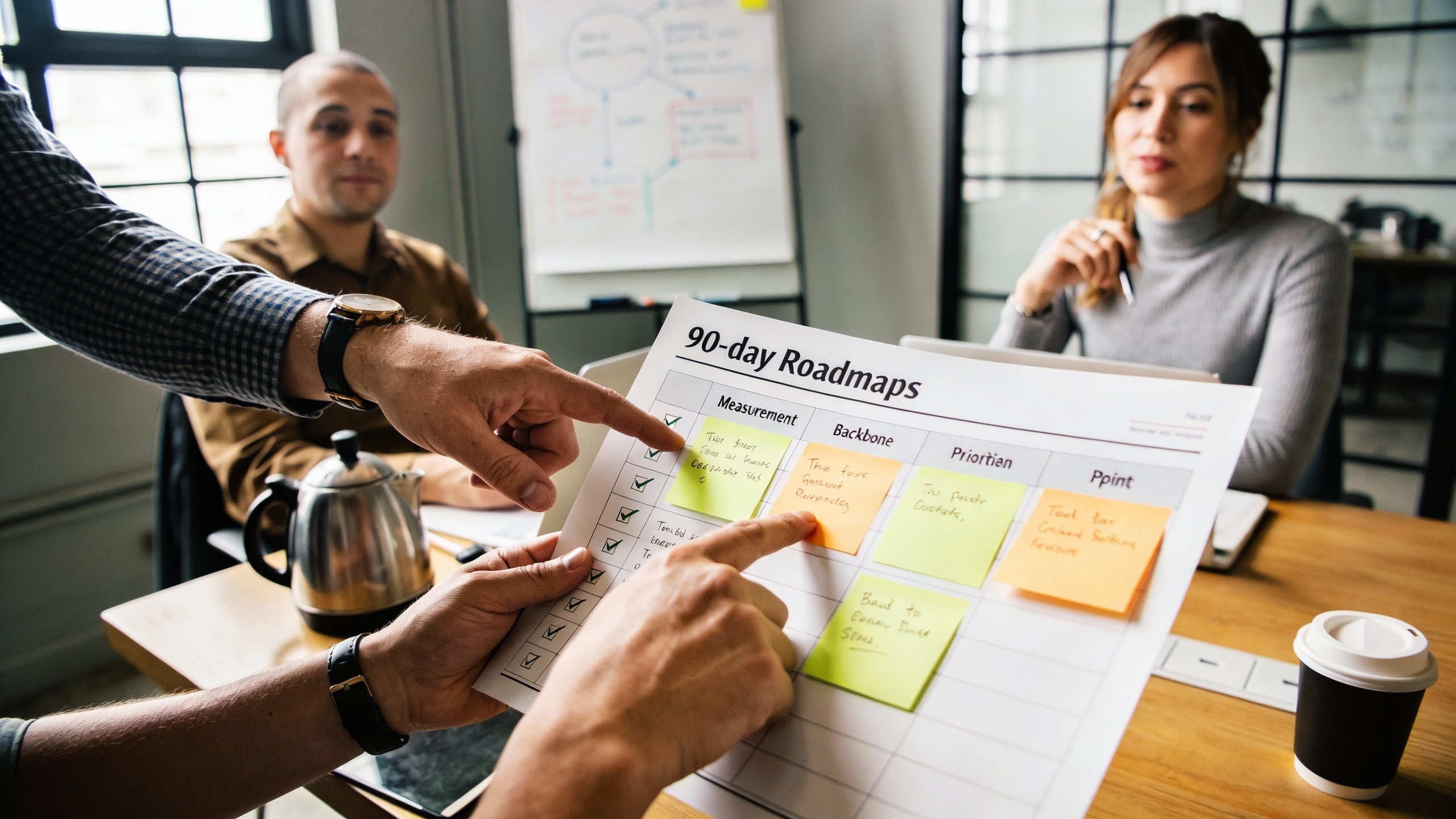 Product managers planning a 90-day conversion-first playbook with a visible measurement backbone checklist, illustrating content strategy and marketing automation fixes