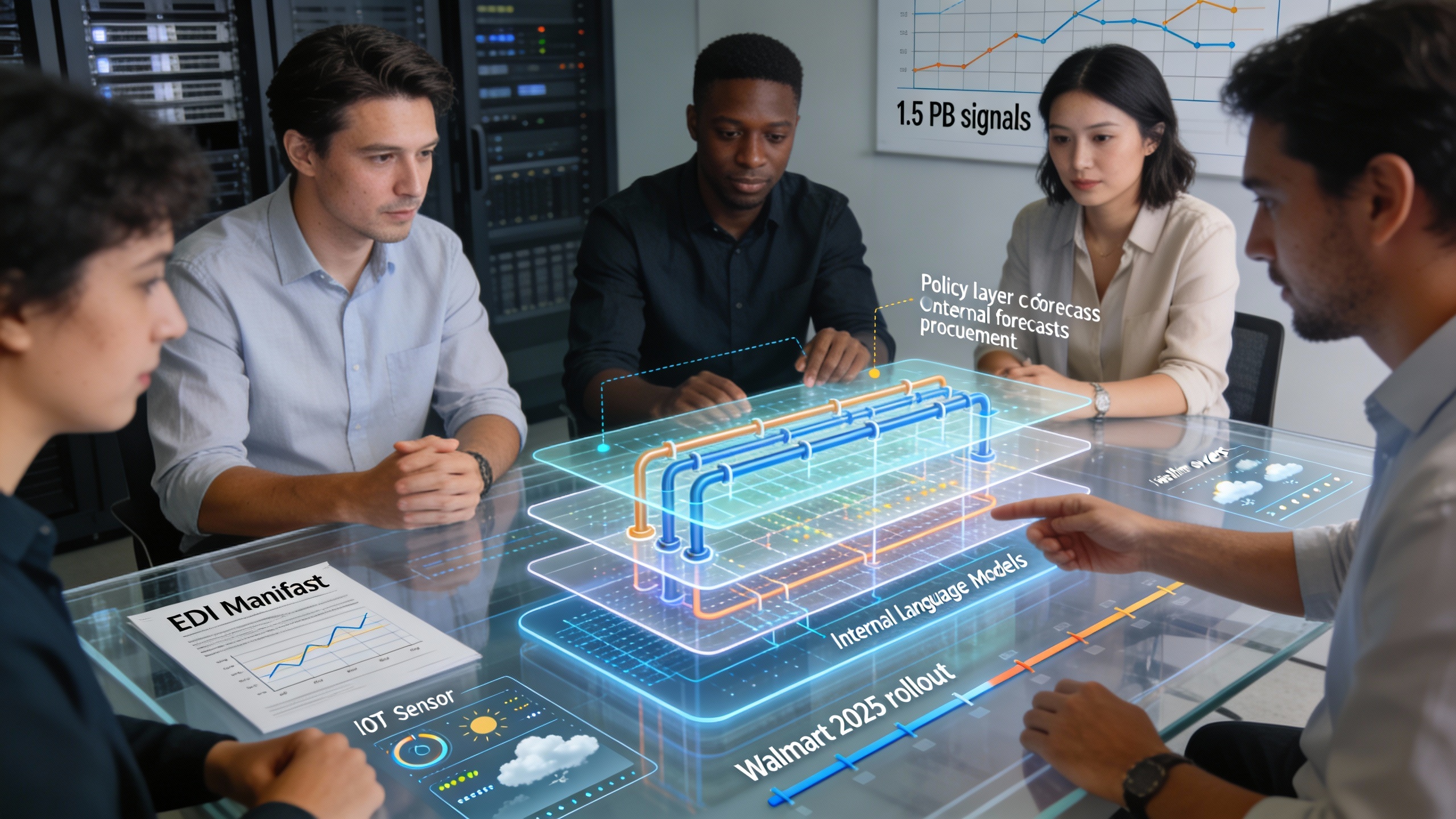 Engineering and merchandising team reviewing a streaming data and policy schematic that decodes a large retailer's forecasting playbook, with a nod to social media marketing impact