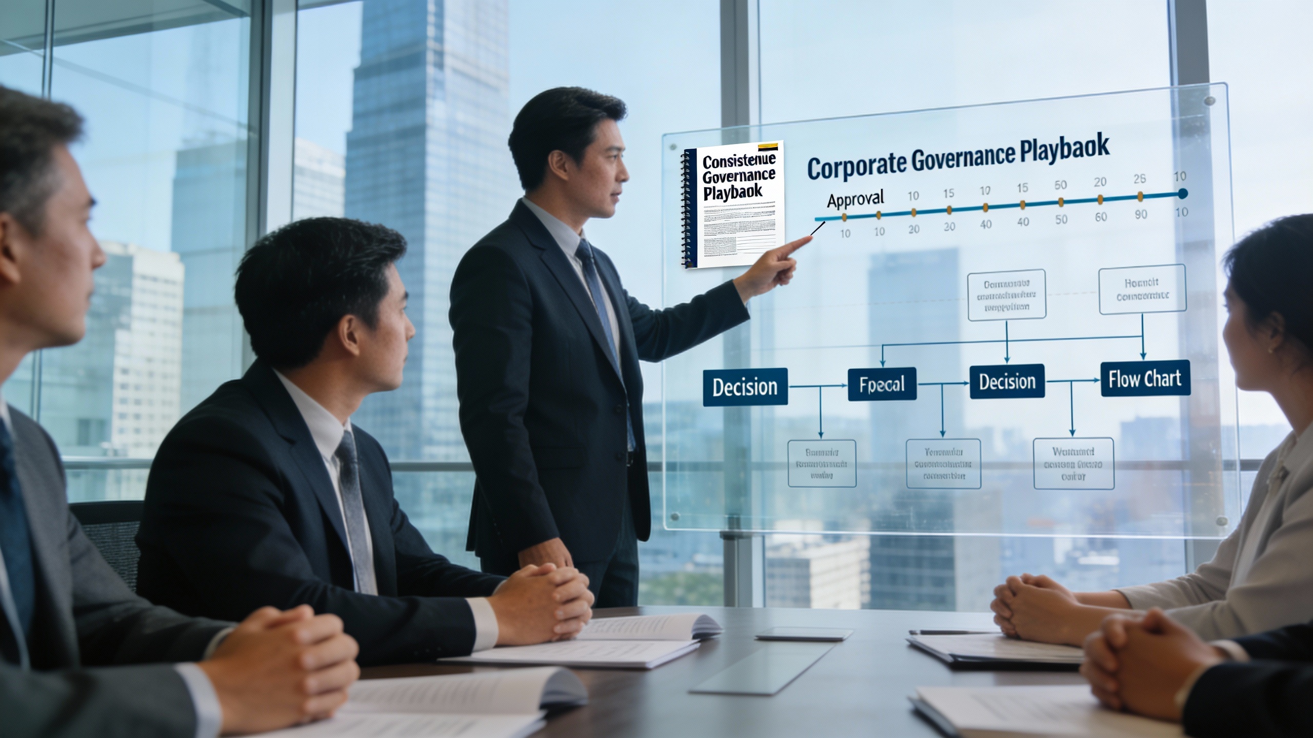 Executive governance board reviewing a concise approval playbook to accelerate launches, demonstrating governance that enables marketing automation and content strategy