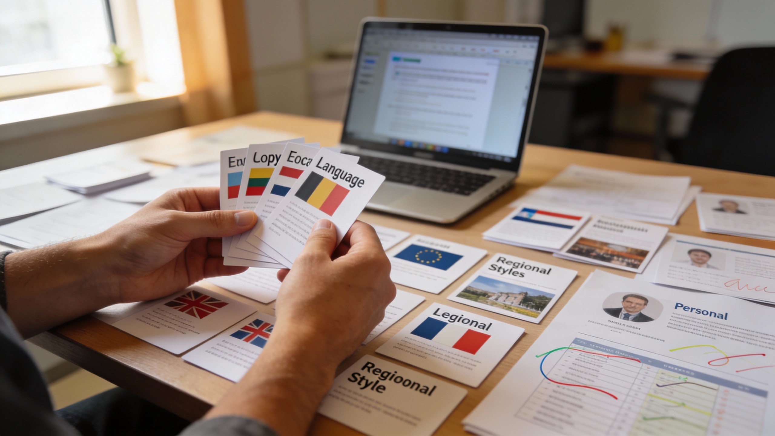 Localization specialist organizing multilingual copy and persona briefs, highlighting content marketing and localization strategy