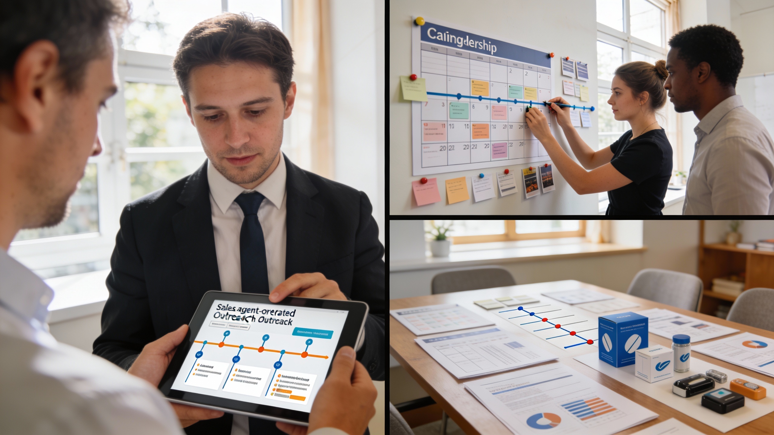 Marketers and sales rep aligning campaign calendar with agent-generated outreach sequences, illustrating marketing automation and content strategy coordination
