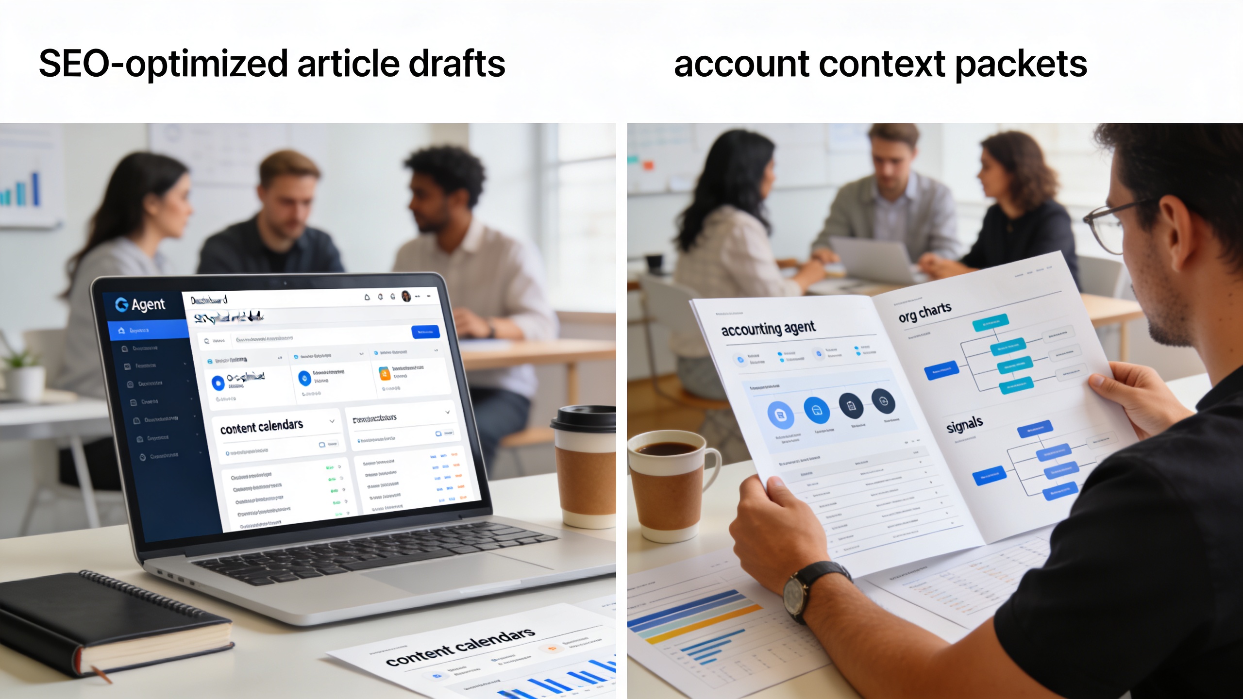 Agent dashboard generating SEO-optimized drafts and prospecting packets for content marketing and sales enablement