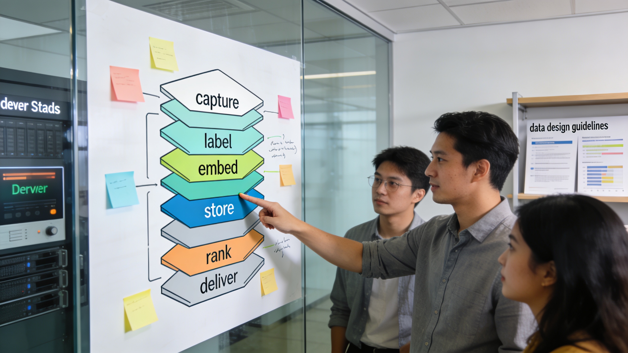 Diagram of a six-layer multimodal stack on a glass board with team annotations, reflecting marketing automation and content strategy planning