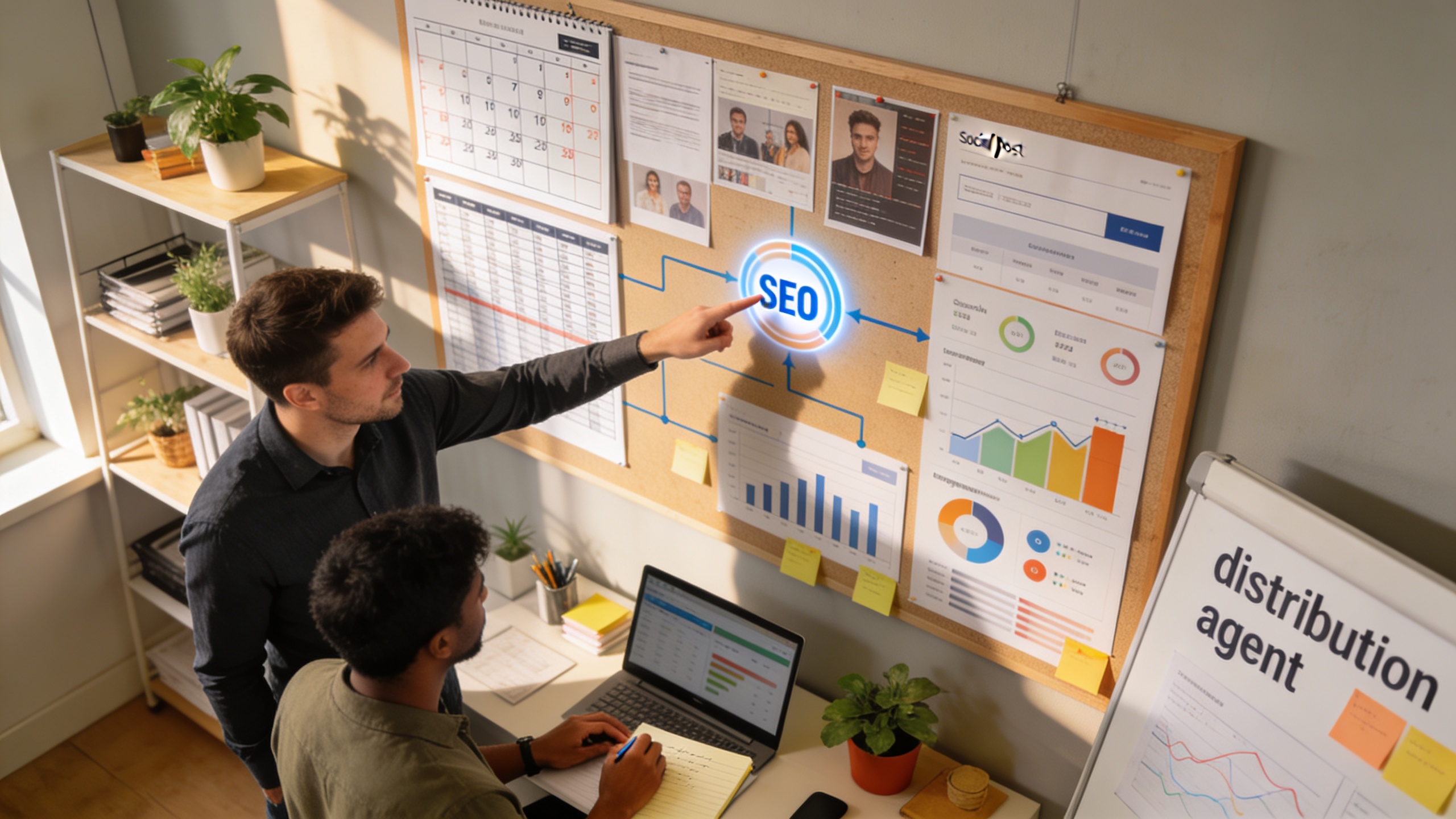 Content strategist and SEO analyst mapping agent-driven workflows to publishing and search results, illustrating SEO optimization and social media marketing