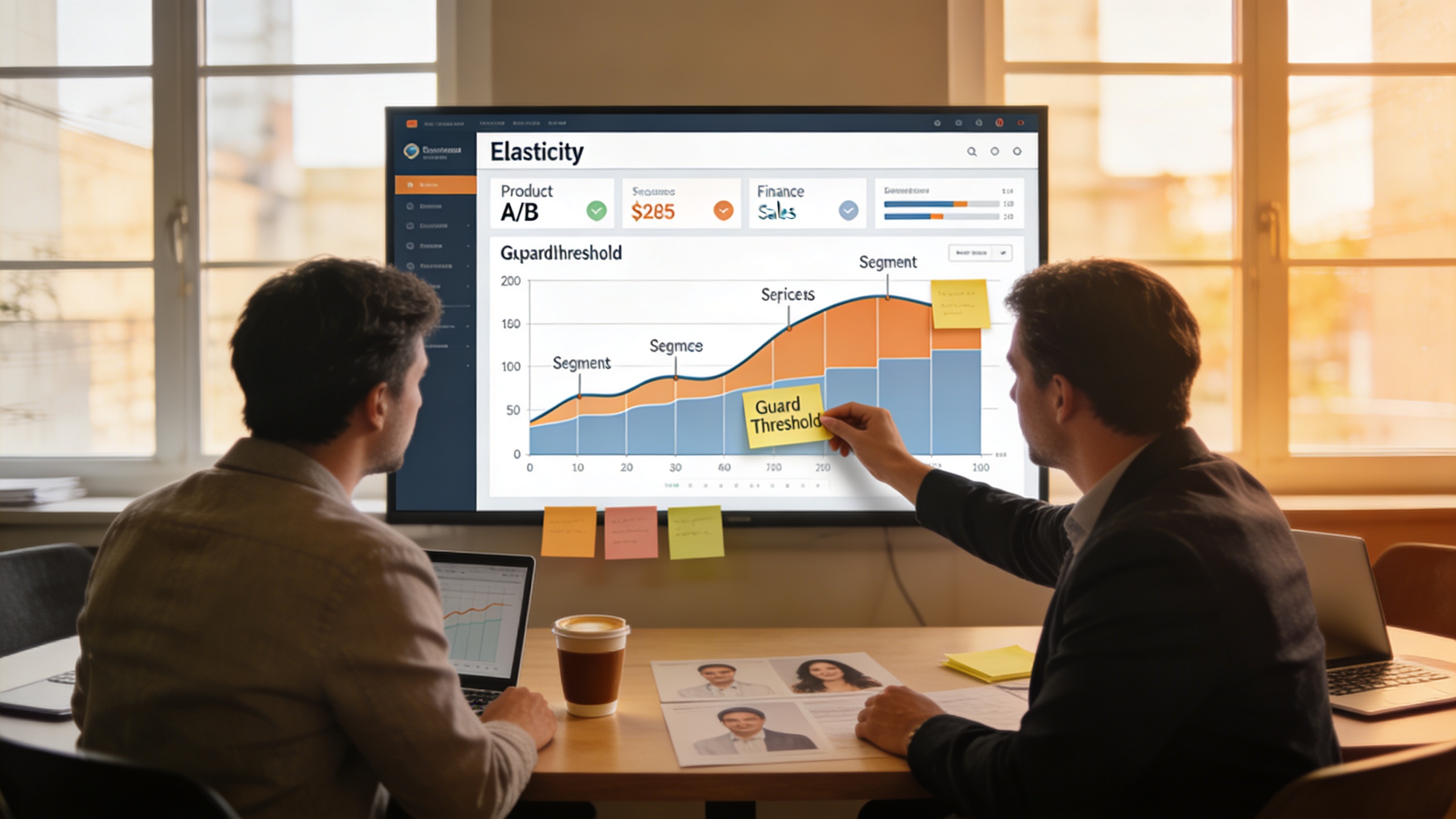 Cross-functional team running pricing experiments and setting guardrails in a workshop, visualizing marketing automation and pricing strategy