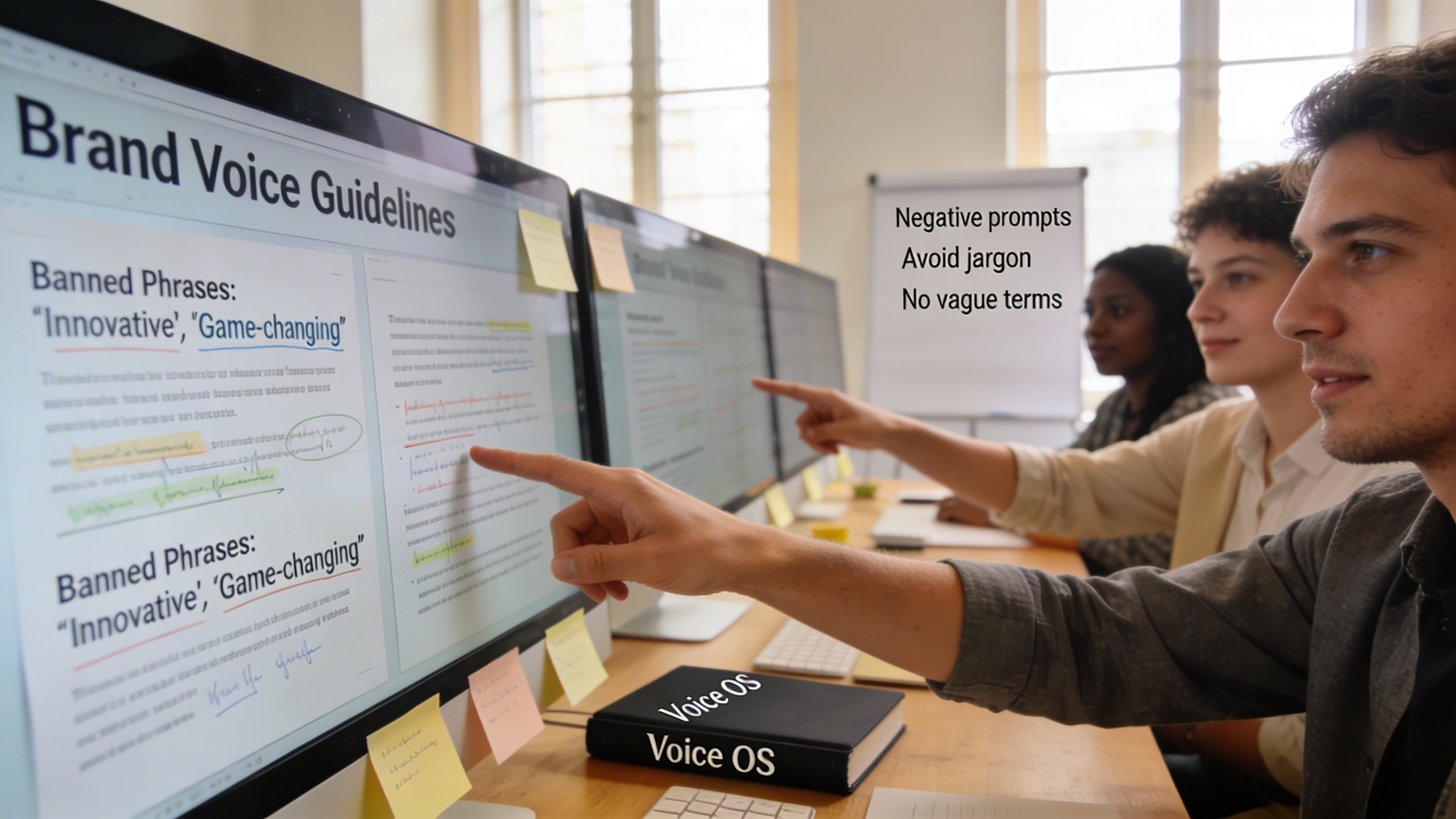 Writers and editors reviewing an annotated brand corpus to preserve voice in large-scale content generation for content marketing