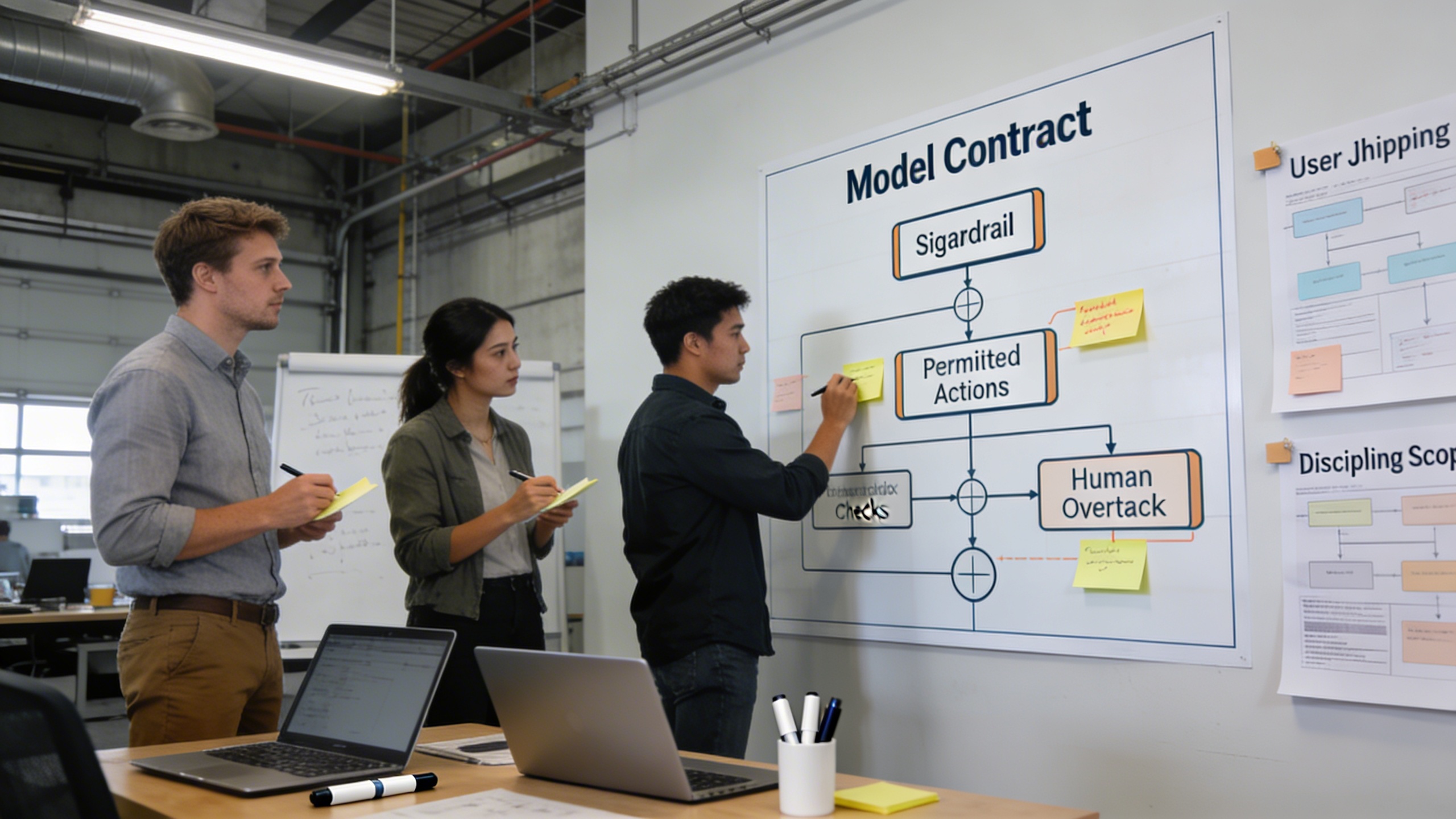 Cross-functional team refining a model contract and guardrails on a wall flowchart to speed deployment, reflecting marketing automation governance