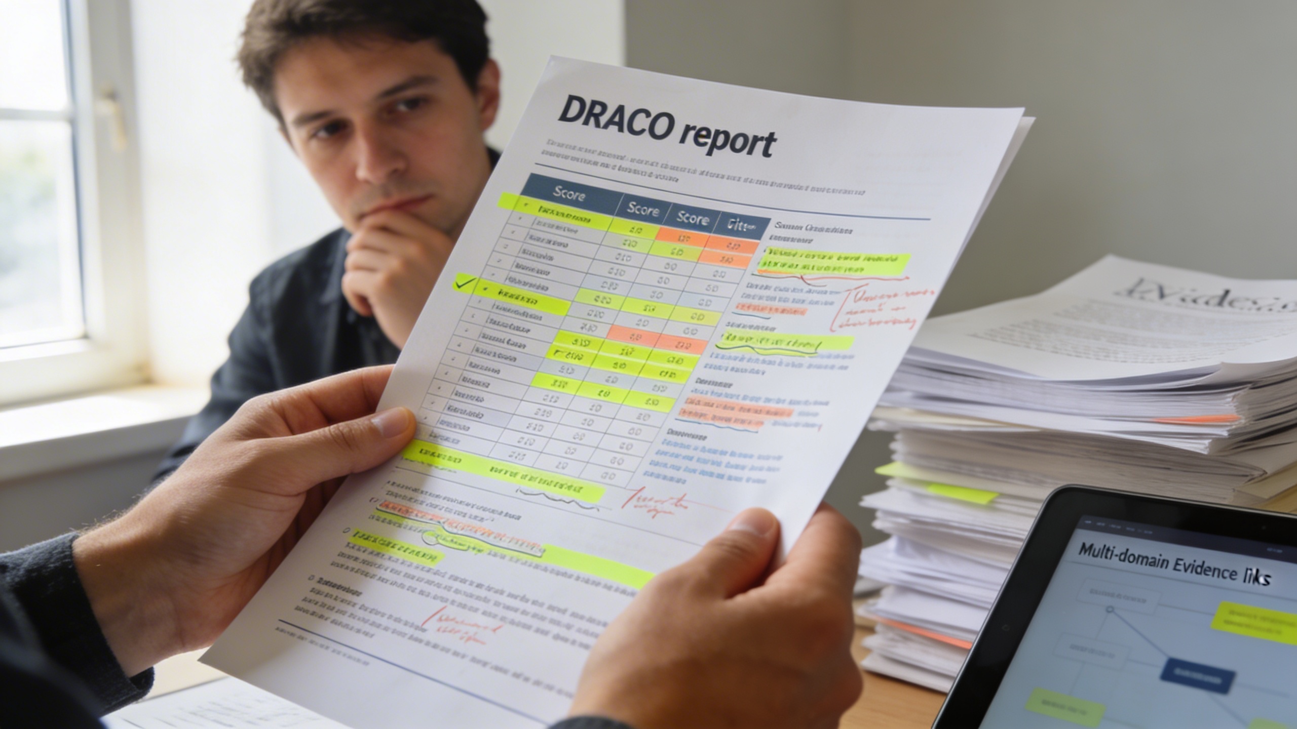 Research analyst studying a DRACO benchmark report with highlighted scores and sources, reflecting SEO optimization and content strategy priorities