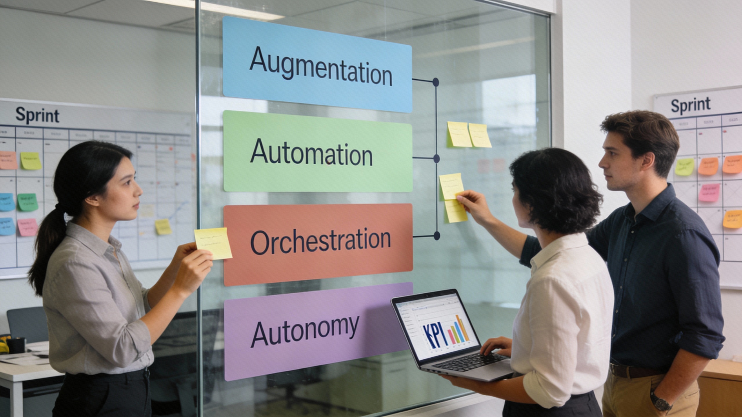 Team mapping a four-phase adoption roadmap on a glass panel with KPI checks, demonstrating strategic marketing automation and stepwise implementation