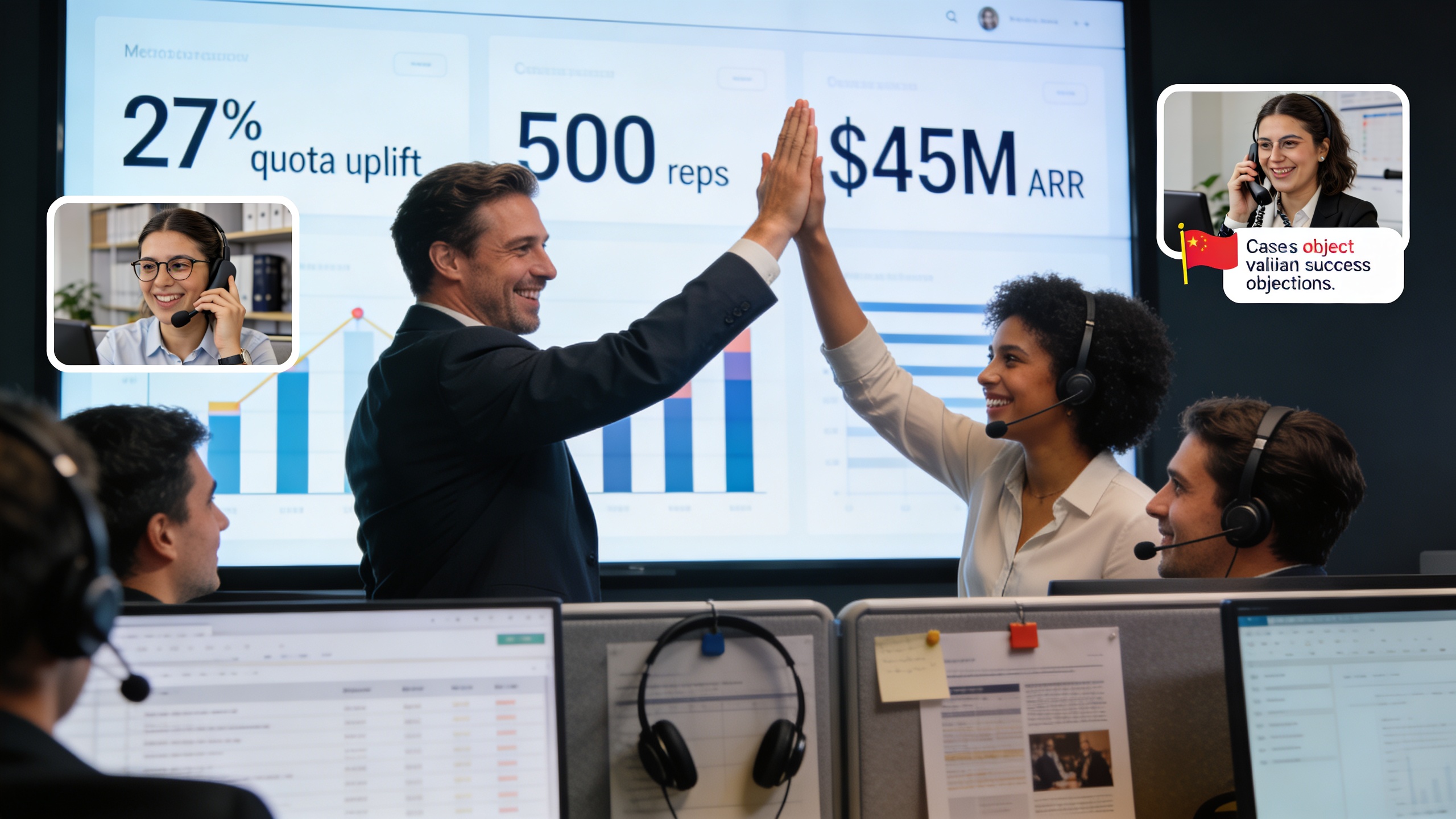 Sales team celebrating measurable results from AI agents with dashboards showing uplift in quota attainment and revenue growth