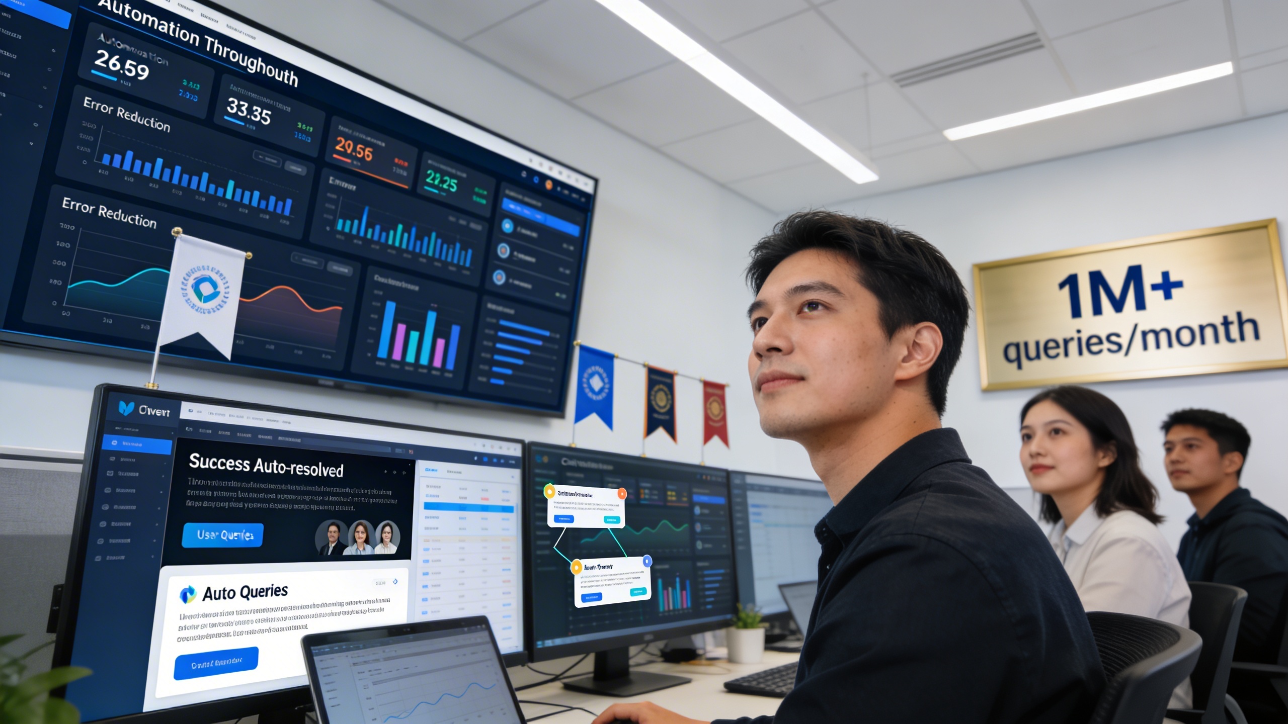 Operations team reviewing automation dashboards showing reduced errors and marketing automation metrics