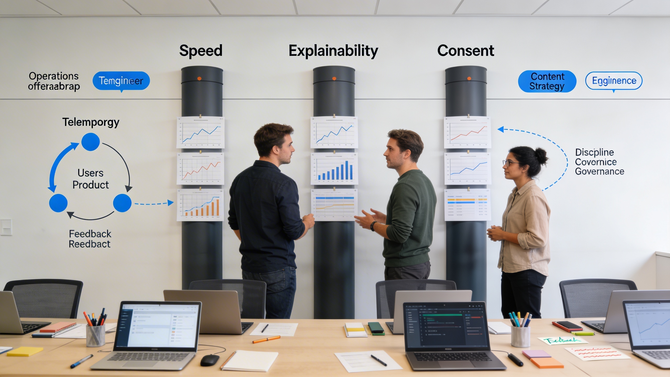 Cross-functional team aligning a content strategy roadmap around speed, explainability, and consent to improve marketing automation and social media marketing outcomes
