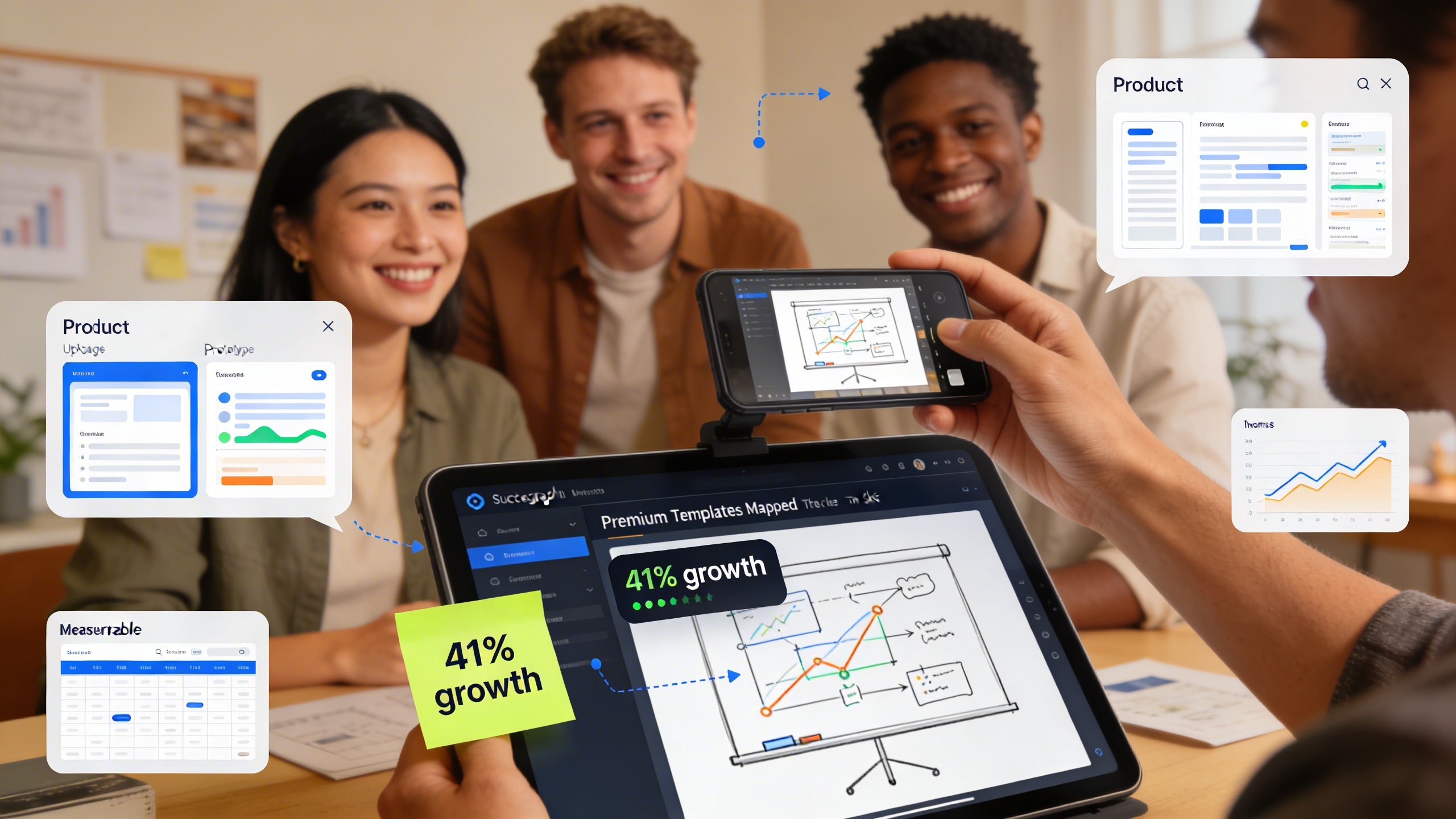 Designer uploading a whiteboard diagram that maps to premium templates, illustrating a case study of product-led growth and digital marketing automation