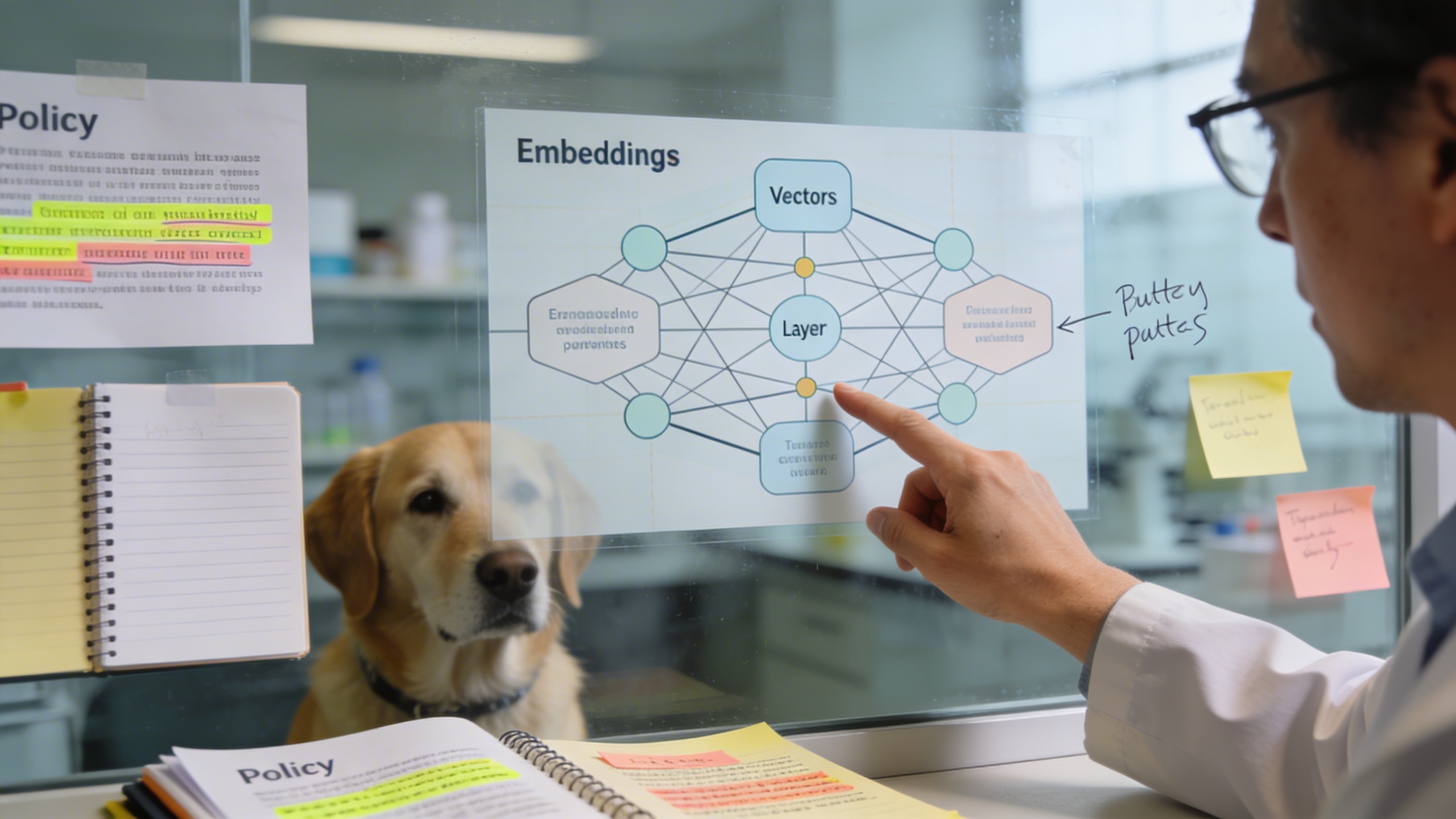 Researcher explaining vector search and RAG with annotated diagrams on a glass wall, illustrating content strategy and SEO optimization concepts