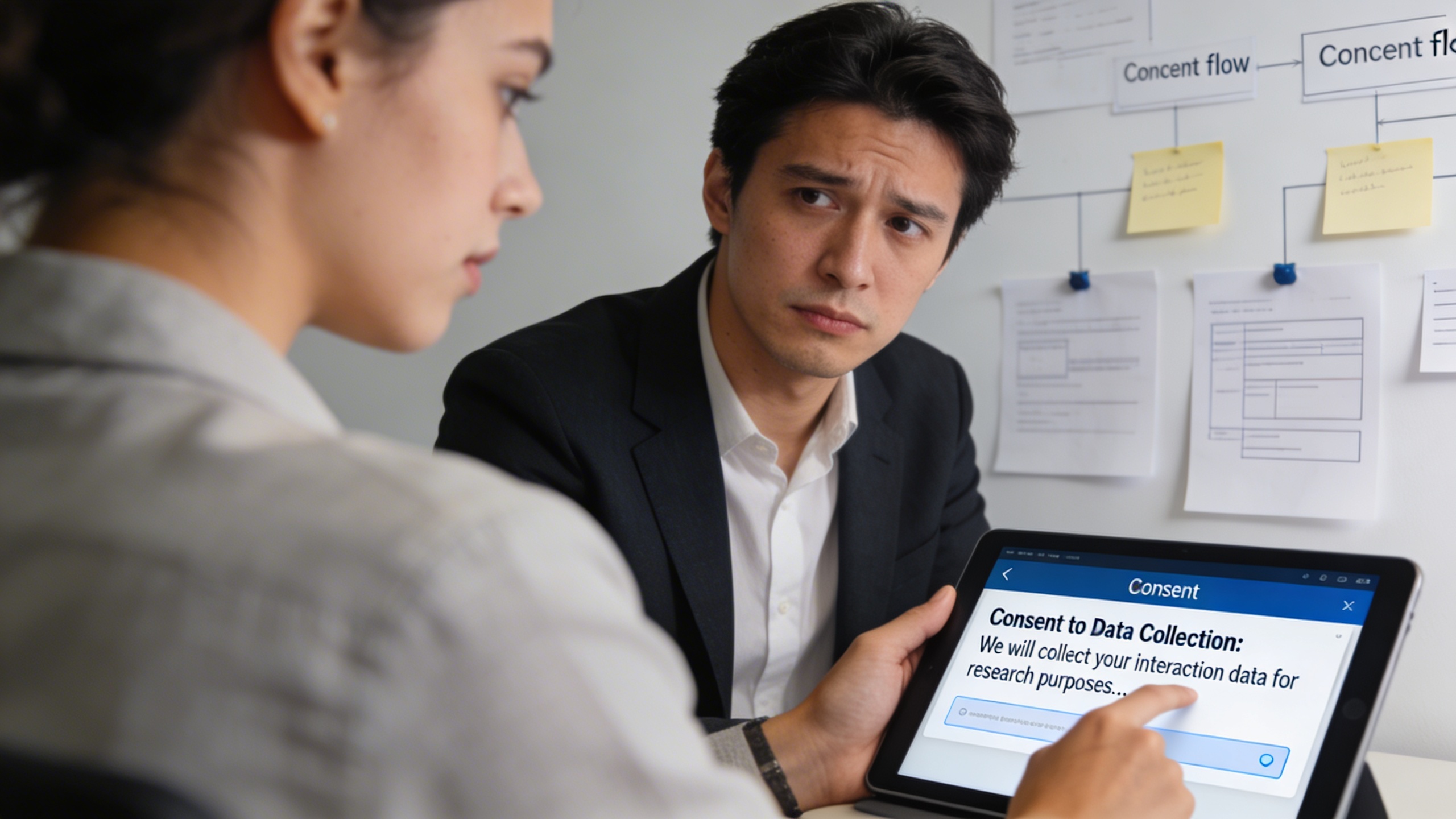 UX researcher testing consent flows with a participant to protect user trust in digital marketing automation and blog automation