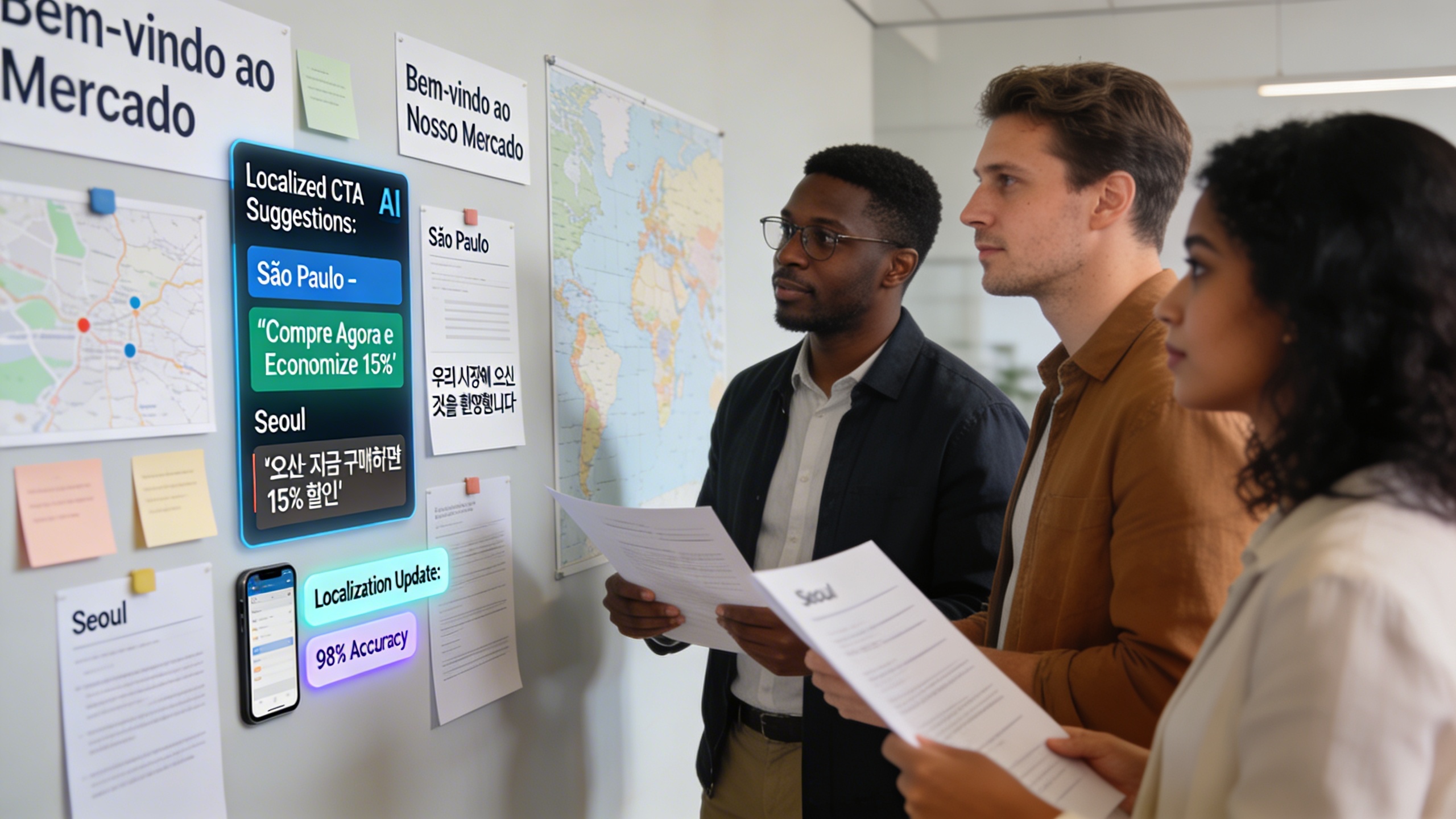 Regional team reviewing localized briefs and glossaries to adapt calls-to-action across markets, highlighting marketing automation and localization