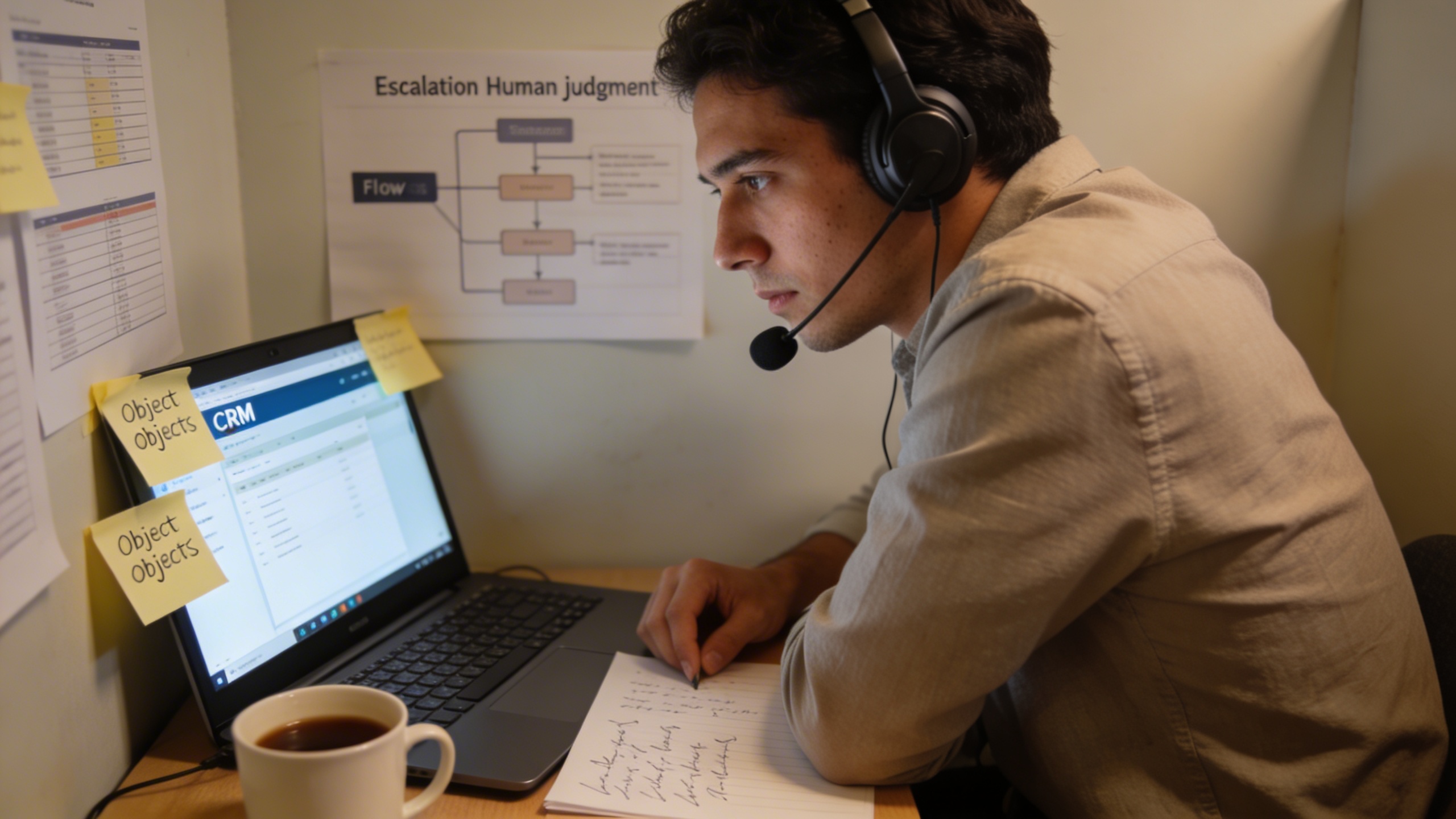 Intimate portrait of a salesperson on a discovery call surrounded by notes and CRM screens, showing marketing automation complemented by human judgment