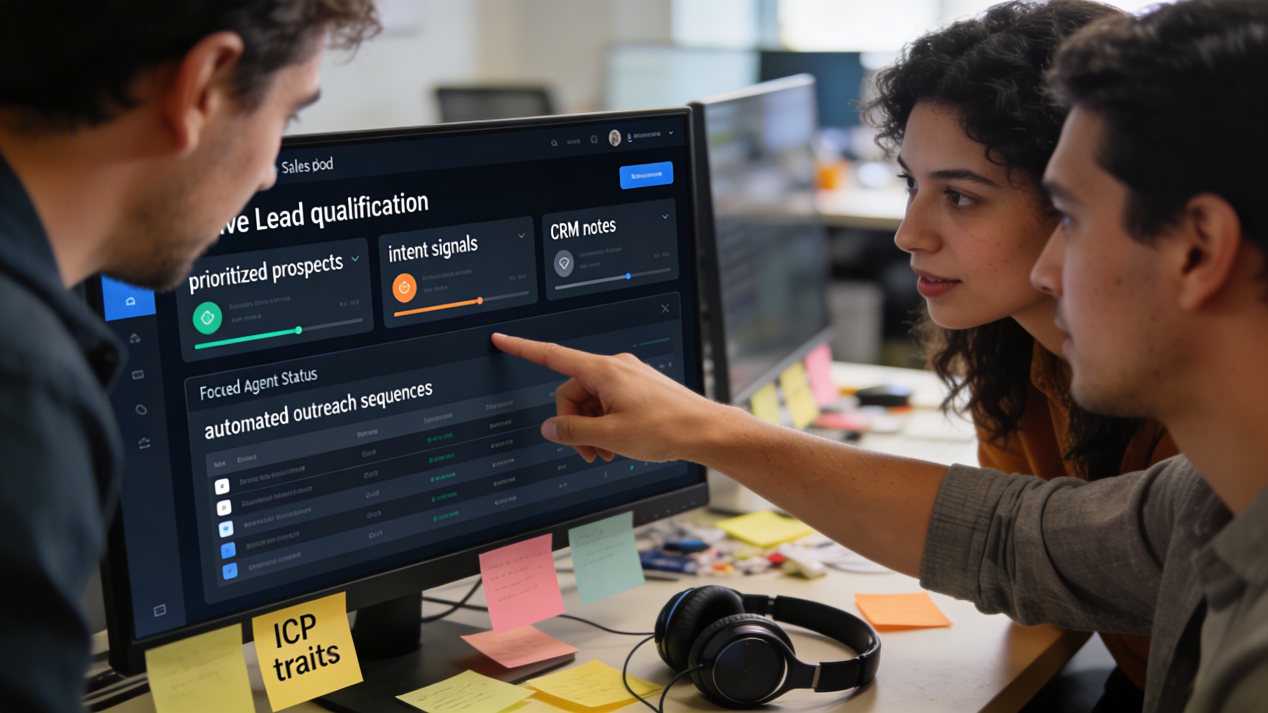 Sales team reviewing lead qualification dashboard and automated outreach sequences to accelerate revenue