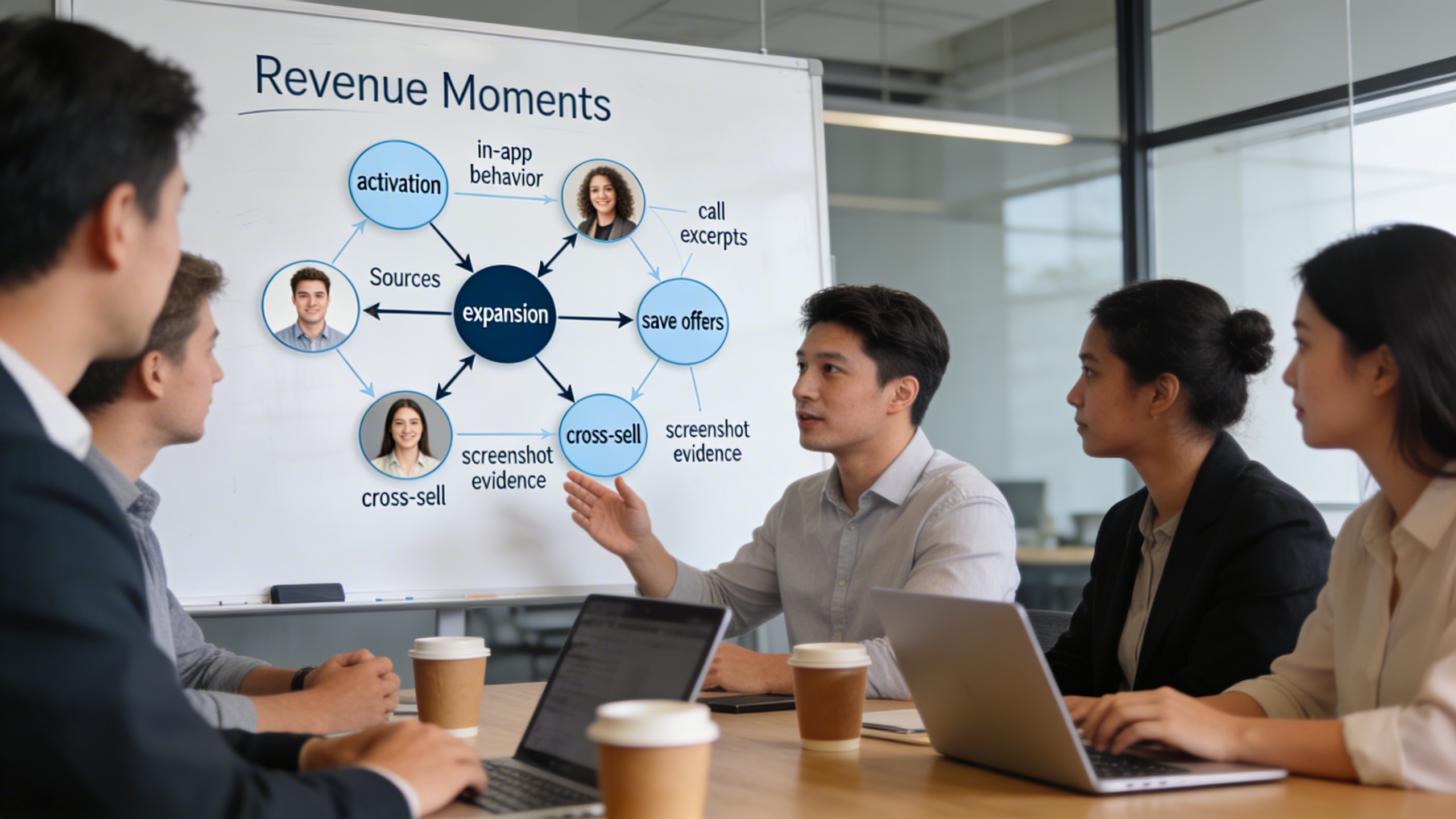 Team mapping activation and upsell moments on a whiteboard, visualizing marketing automation and social media marketing signals for revenue-focused decisions