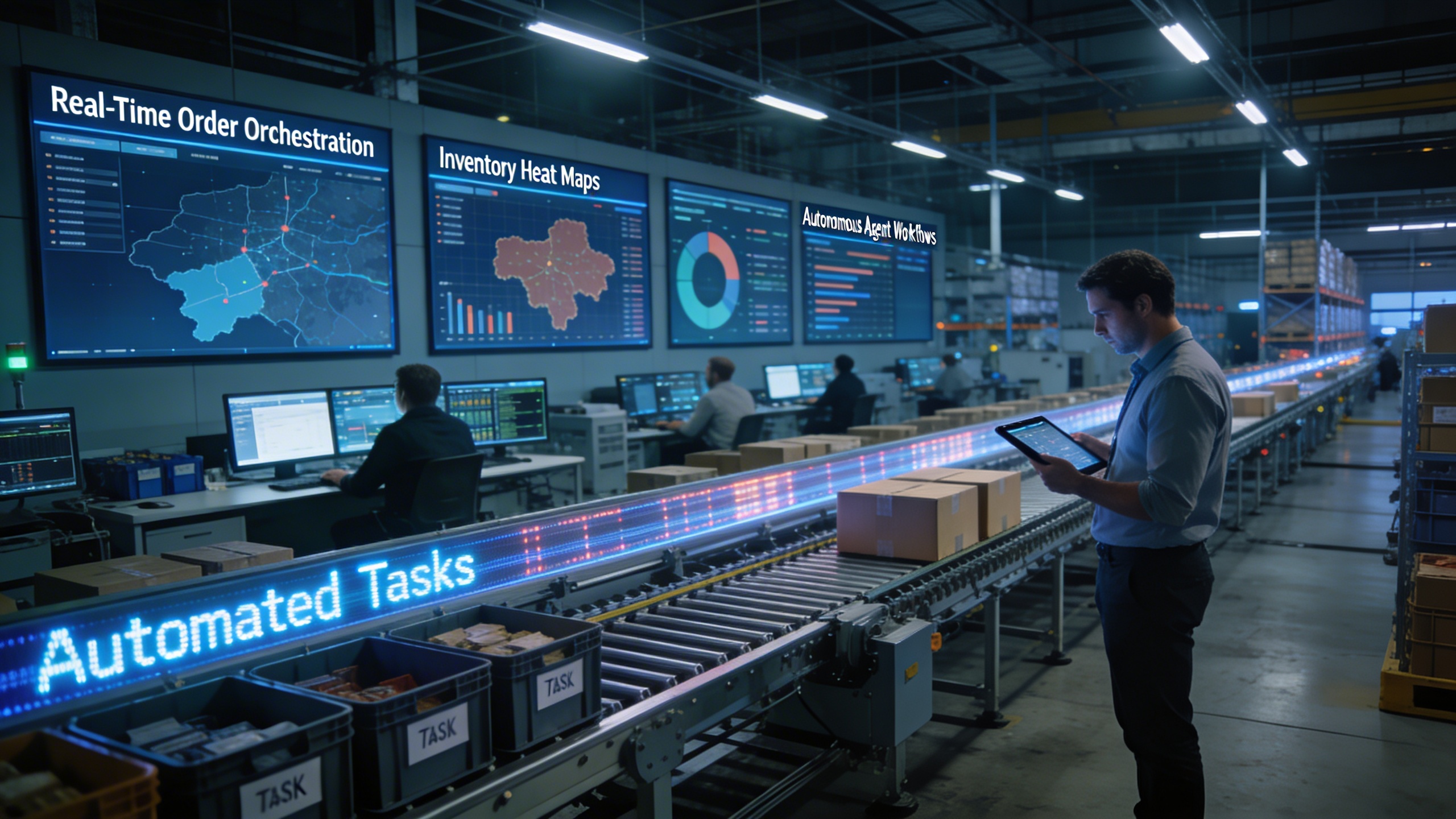 Logistics operations center showing autonomous agents managing order orchestration and inventory rebalancing