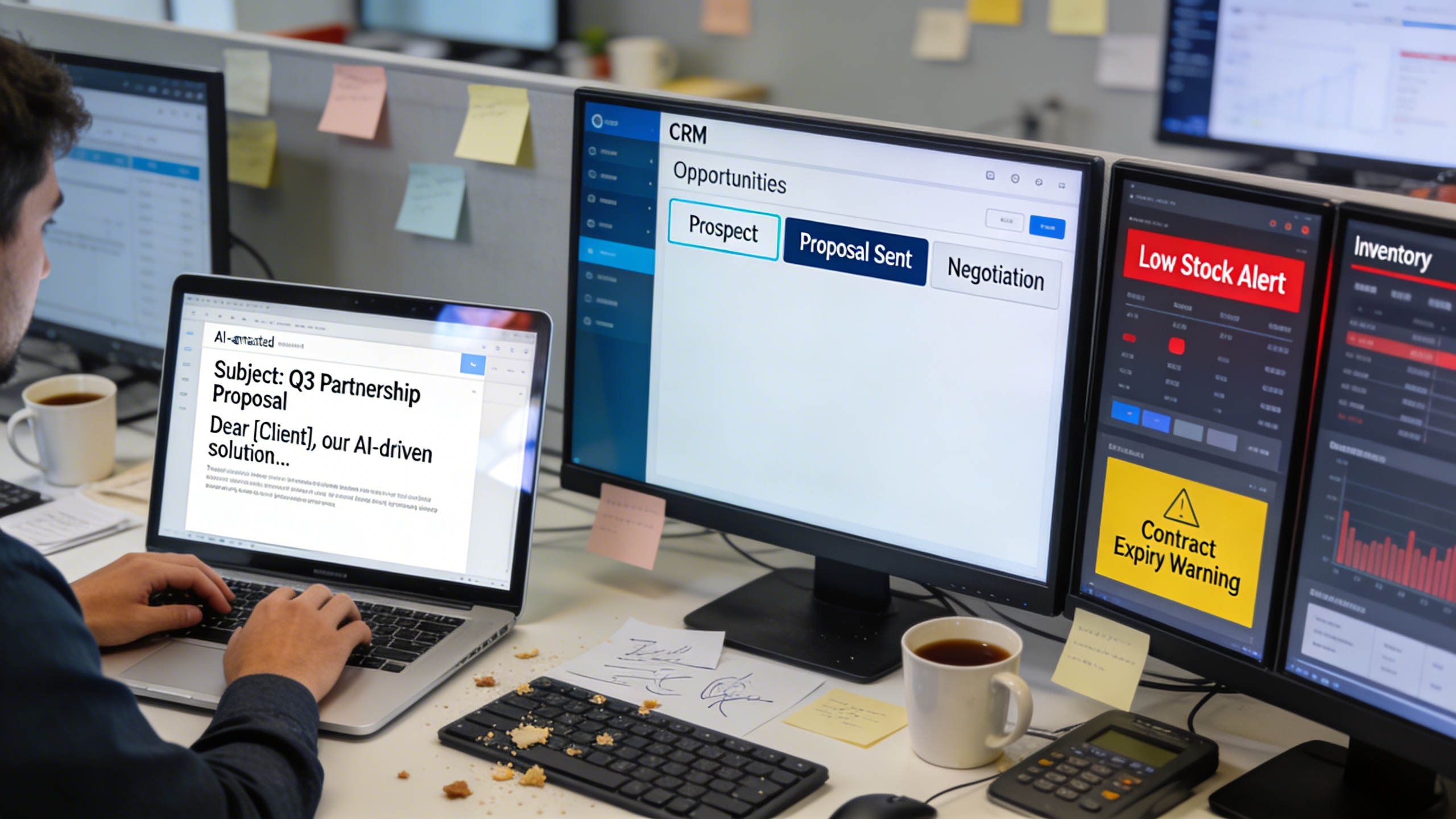 Three workstations illustrating workflow isolation: AI-generated sales email, stagnant CRM opportunity stages, and unconnected inventory checks, highlighting failures in marketing automation and content strategy