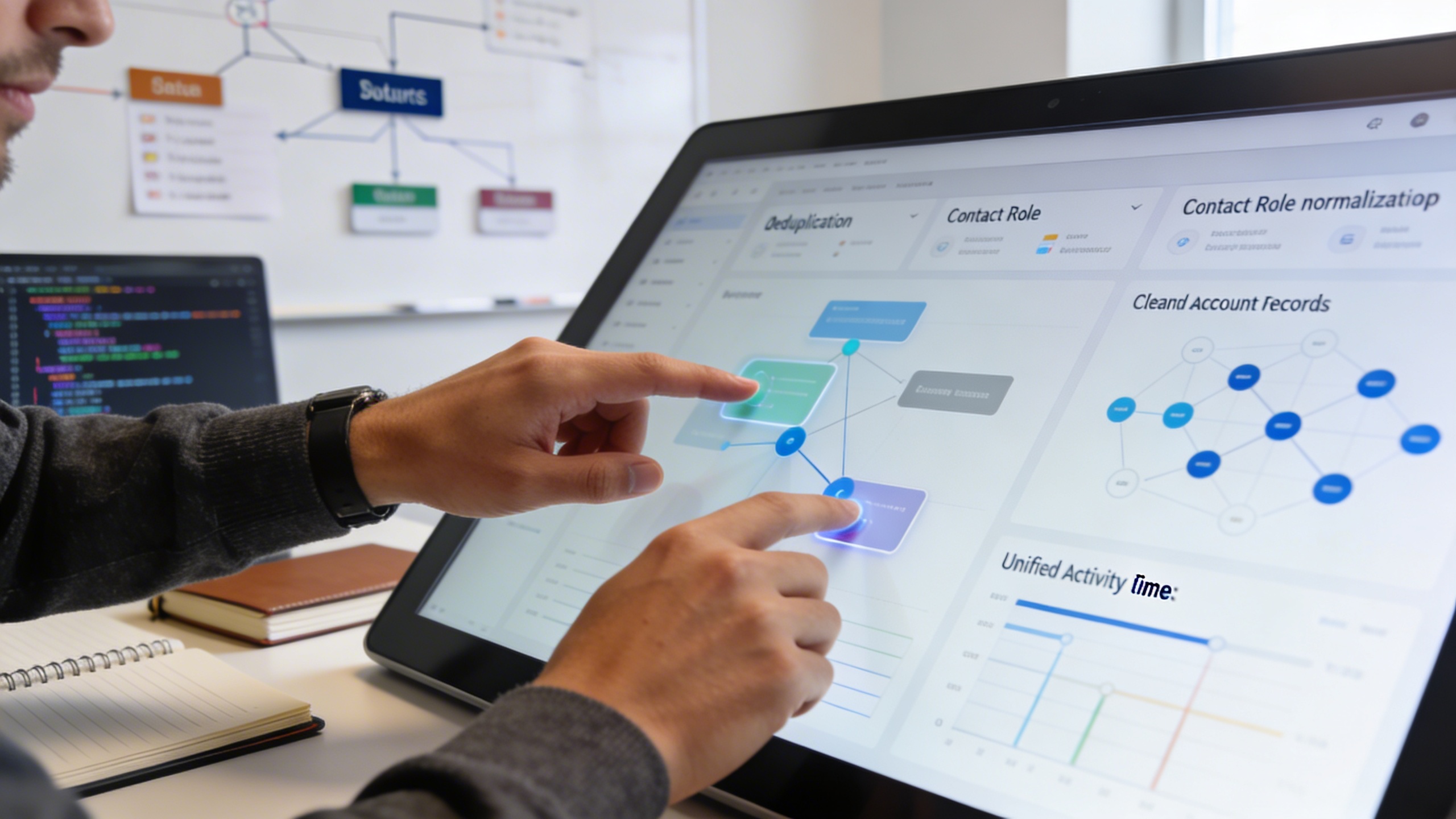 Product manager and data engineer normalizing account records and activity timelines, illustrating marketing automation and data hygiene for content strategy