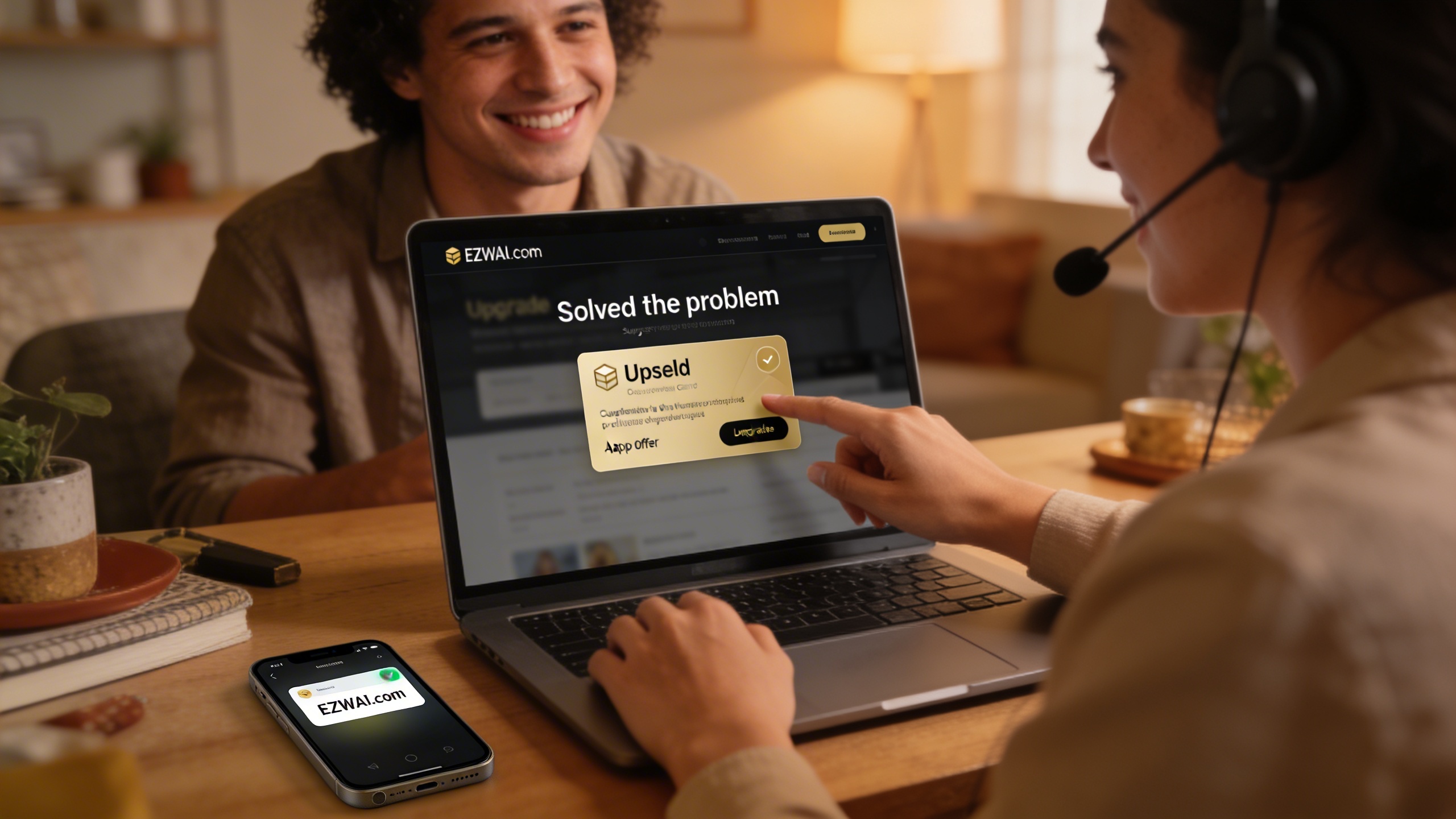 Support rep presenting a timely in-app upsell to a satisfied customer, illustrating marketing automation and social media marketing