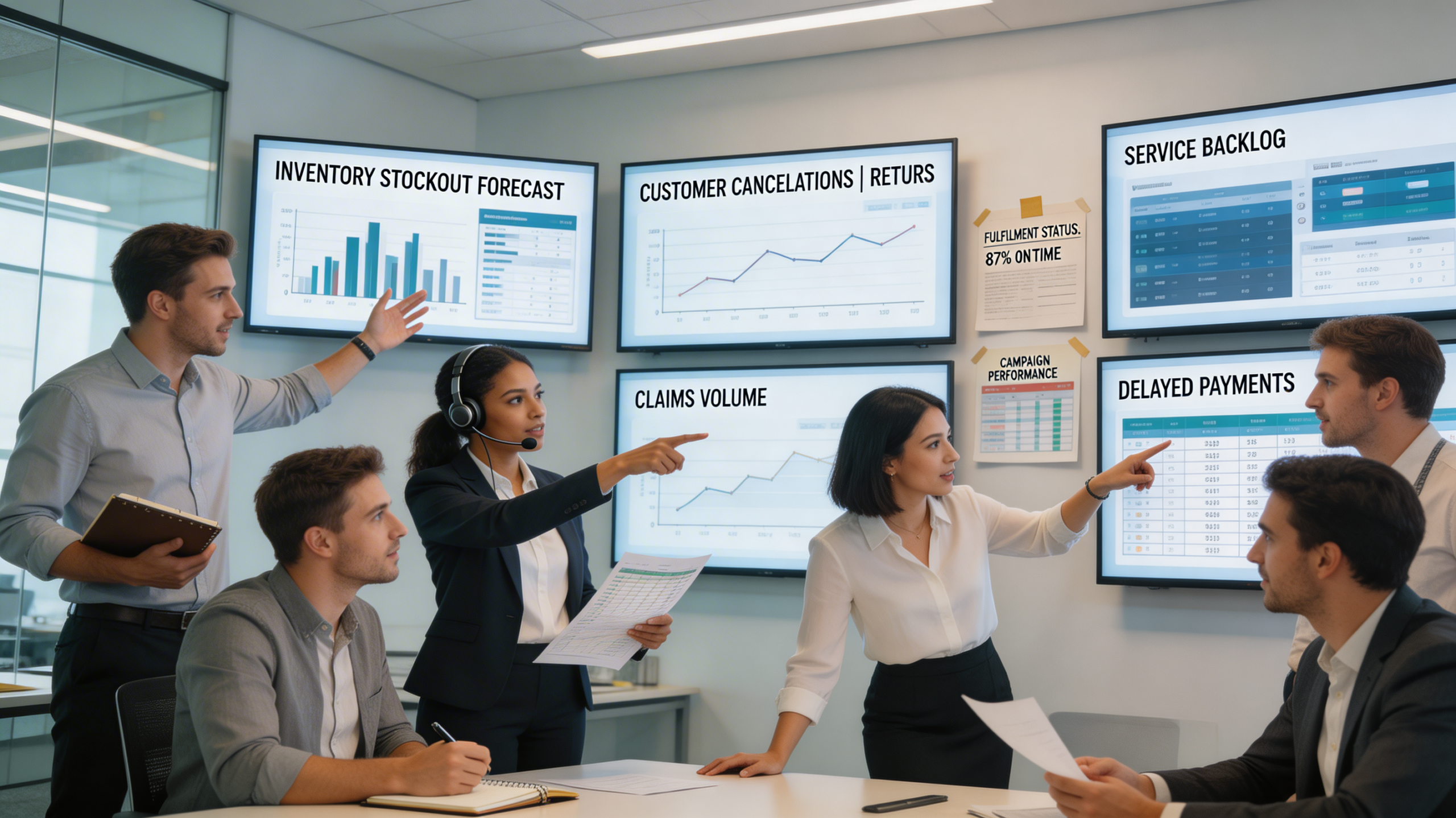 Cross-functional team using forecasting across inventory, payments, and customer operations, showing digital marketing automation and marketing automation in a realistic office environment