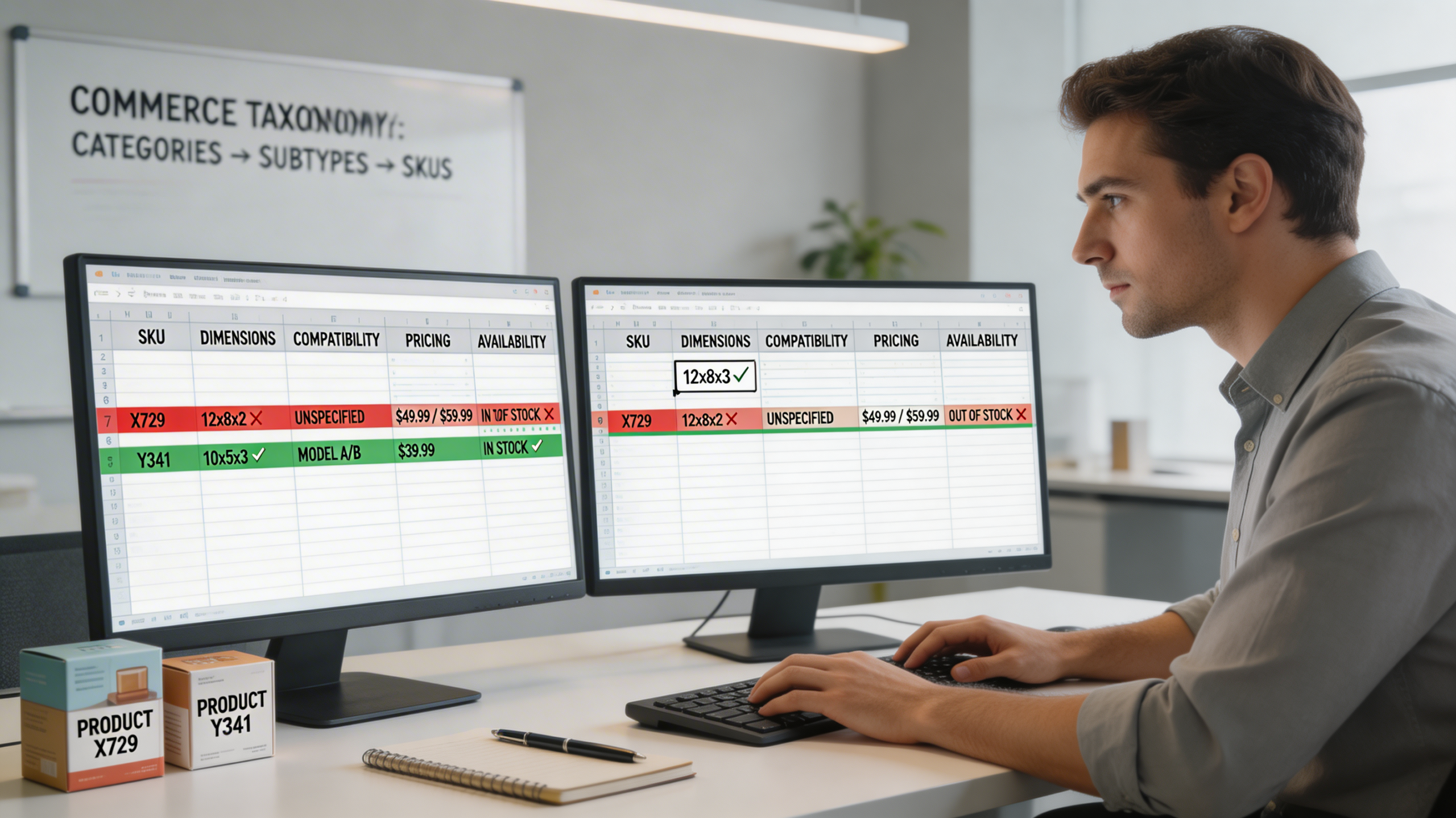 E-commerce specialist organizing product data and pricing fields on multiple screens for SEO optimization and content marketing